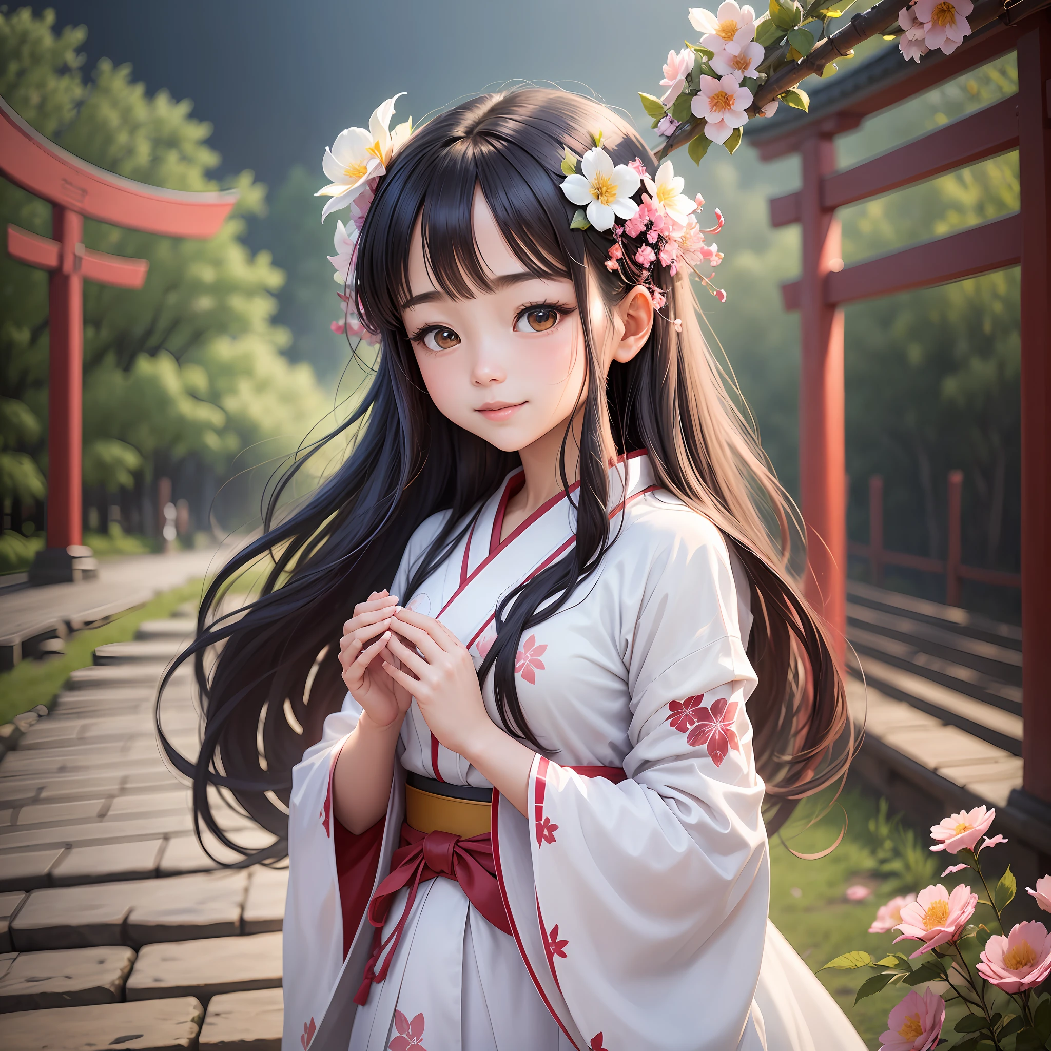 A torii gate towers over the beautiful sky that spreads out at the end of the sky. In front of the torii gate, bright red higan flowers bloom, and their beauty catches the eye. Bright petals sway in the wind, creating a fantastic sight.

And in front of the torii gate, a girl dressed in a white kimono is standing. Her hair is long and flutters gracefully in the wind. Her eyes are deep and clear and full of transparency. There is a divine aura floating around her, and you can tell at a glance that she is special.

The girl is silently staring at Higanka. In her hand is a single higan flower, captivated by its beauty. She smiles sweetly with her thoughts for flowers. His smile is gentle and warm, and has the power to heal the hearts of those who see it.

Around her, the singing of birds echoes, and you can feel the breath of nature. This place at the end of the sky is a reminder of the connection to nature that people often forget. The girl respects the workings of nature and plays a role in conveying its importance to people.

Her presence is mysterious, yet brings a gentle enveloping peace. Those who stand before her can receive blessings and healing from her. The figure of the girl creates a beautiful spectacle in which purity and grace are harmonious, and you feel that there is a divine energy in this place.

Standing in front of the torii gate, a girl in a white kimono brings blessings and peace to people in this special place at the end of the sky. Her gentle smile and the beauty of Higanbana touch the heart, touching and healing the souls of visitors. --auto --s2