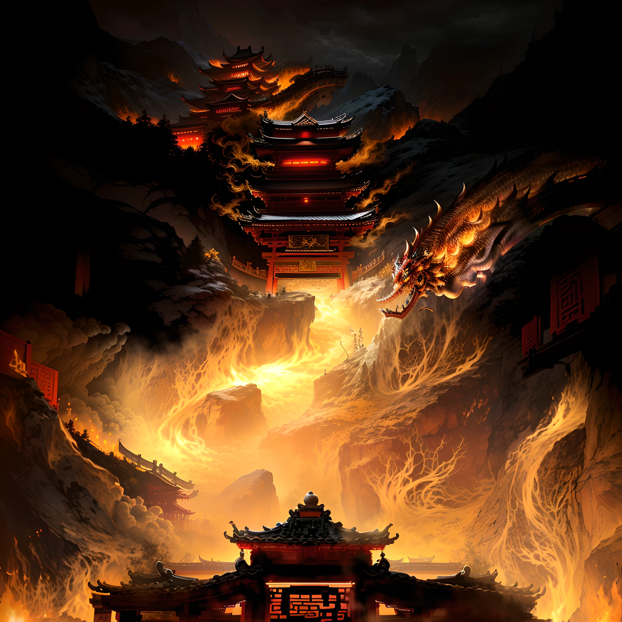 Masterpiece, (Best Quality), Ultra High Resolution, (Realistic: 1.4), High Resolution, 8K,
In the red dream world, excellent details, intricate details,
Dark but detailed digital art, beautiful digital artwork, Chinese temple on the mountain, , an ancient Chinese city, (flame burning: 1.5), embers floating in the air, engulfed by swirling flames, fantastic Chinese town,
Dramatic Lights, (Absurd: 1.9),
Horror, ancient Chinese archway, (close-up), high archway, (archway with a large number of carved patterns: 1.9), intricate Buddha carvings,
There are many wildflowers on the torii, red wildflowers, stone piles and weeds in front of the torii, and a large number of statues behind the torii,
Scary magic background, dark cyan sky, dark clouds, darkness