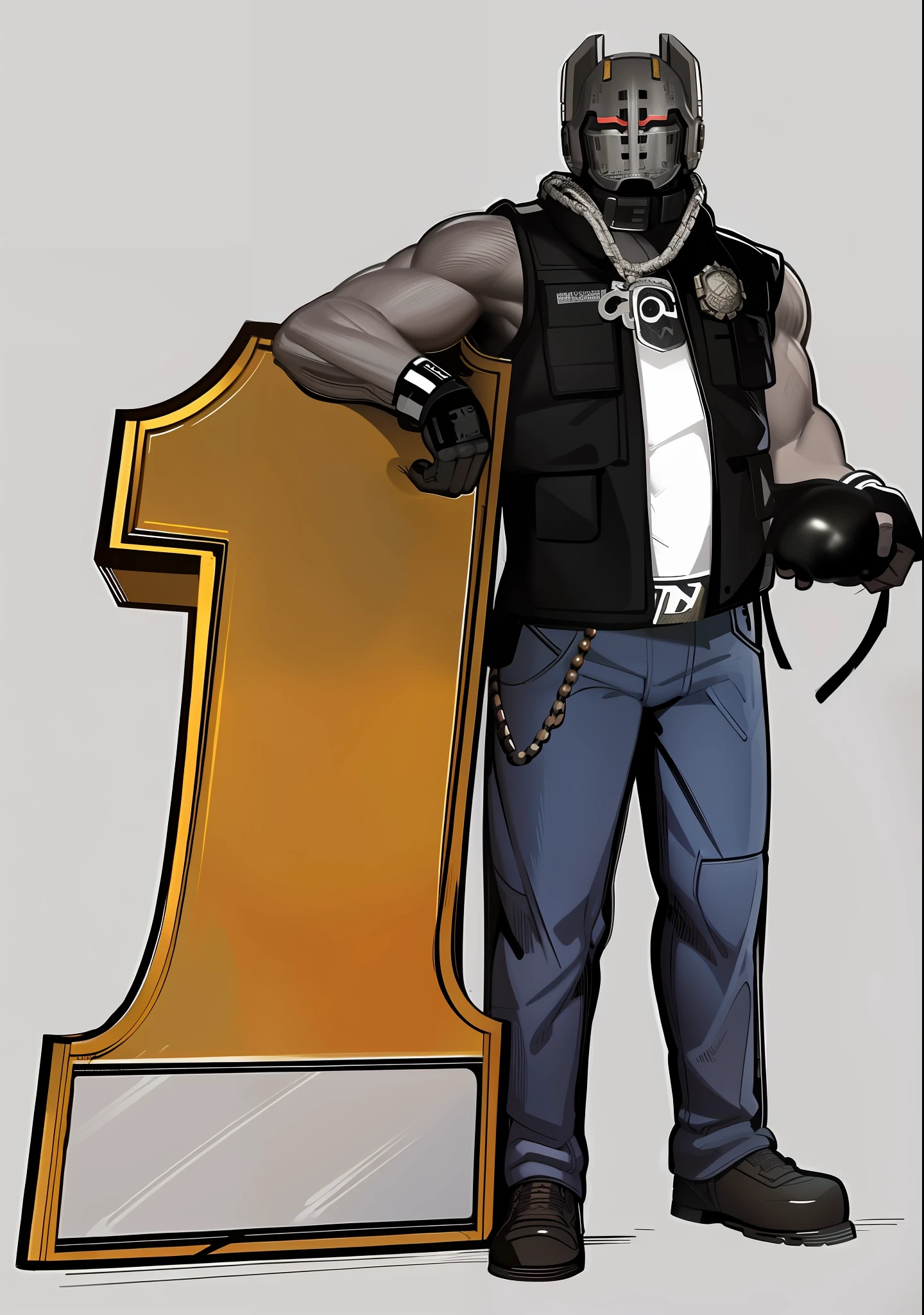 cartoon of a man with a dog on his shoulder standing next to a number one, high detail iconic character, official character illustration, biker, official character art, character artwork, character profile art, 1 : 1 hyper illustration, picture of a male biker, official judge dredd fanart, 1 : 1 brutal design, name of the character is chad, full-body character portrait