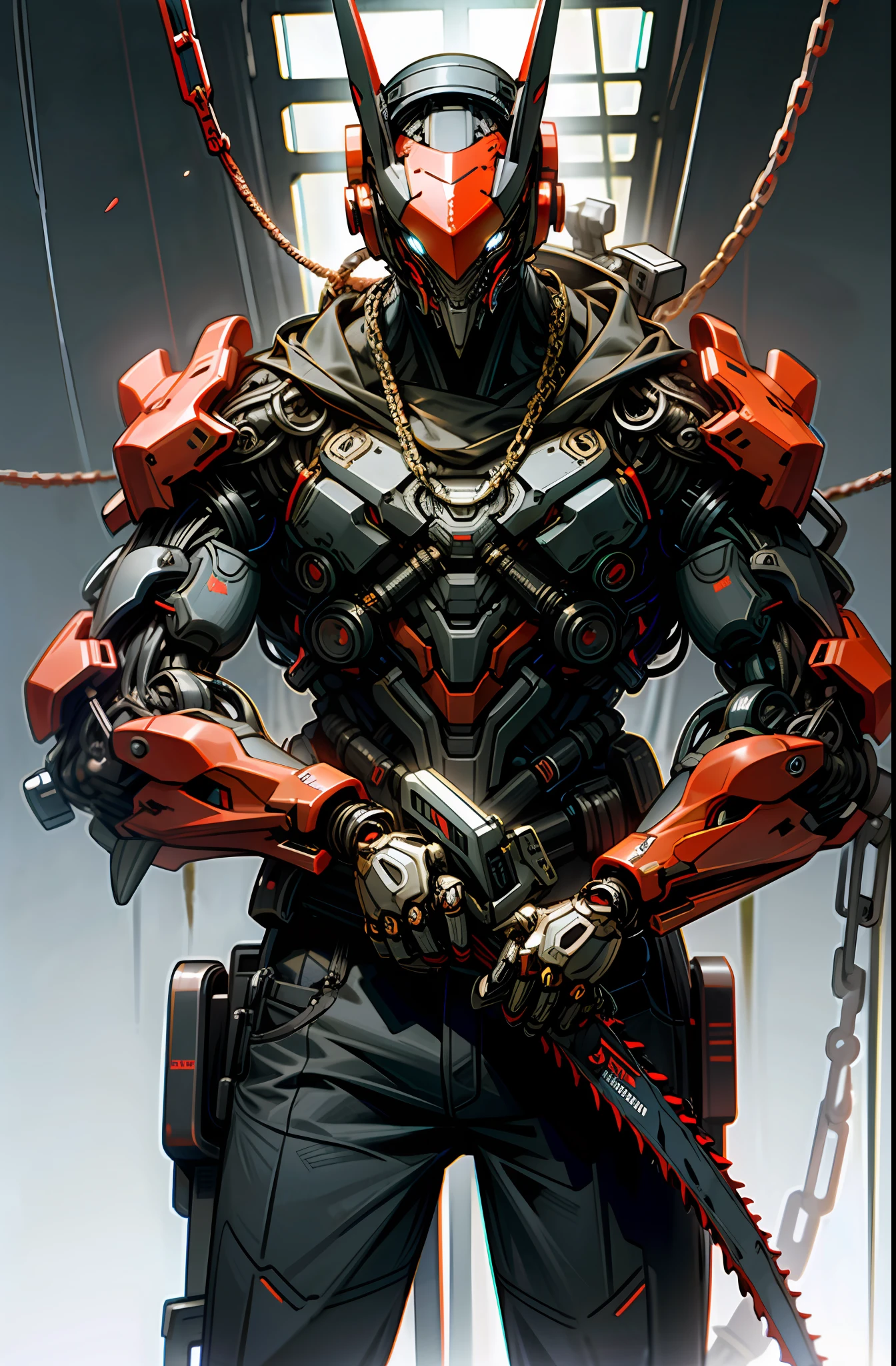 Dark_Fantasy,Cyberpunk,(chain saw,chain saw man,Red:1.1),1man,Mechanical marvel,Robotic presence,Cybernetic guardian,