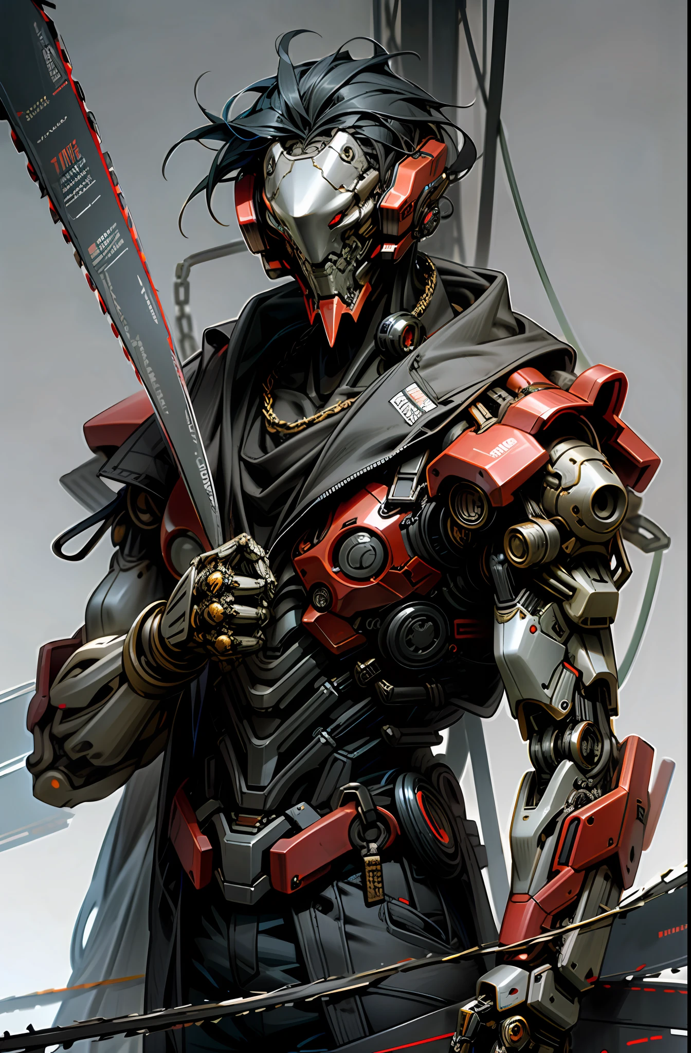 Dark_Fantasy,Cyberpunk,(chain saw,chain saw man,Red:1.1),1man,Mechanical marvel,Robotic presence,Cybernetic guardian,