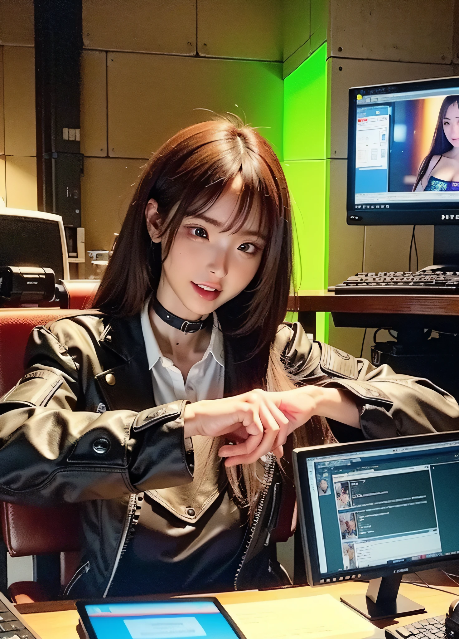 ((Best quality)), ((masterpiece)), (highly detailed:1.3), 3D, beautiful (cyberpunk:1.3) female hacker with thick voluminous hair operating a computer terminal, computer servers, LCD screens, fibre optic cables, corporate logos,HDR (High Dynamic Range),Ray Tracing,NVIDIA RTX,Super-Resolution,Unreal 5,Subsurface scattering,PBR Texturing,Post-processing,Anisotropic Filtering,Depth-of-field,Maximum clarity and sharpness,Multi-layered textures,Albedo and Specular maps,Surface shading,Accurate simulation of light-material interaction,Perfect proportions,Octane Render,Two-tone lighting,Low ISO,White balance,Rule of thirds,Wide aperature,8K RAW,Efficient Sub-Pixel,sub-pixel convolution,luminescent particles,