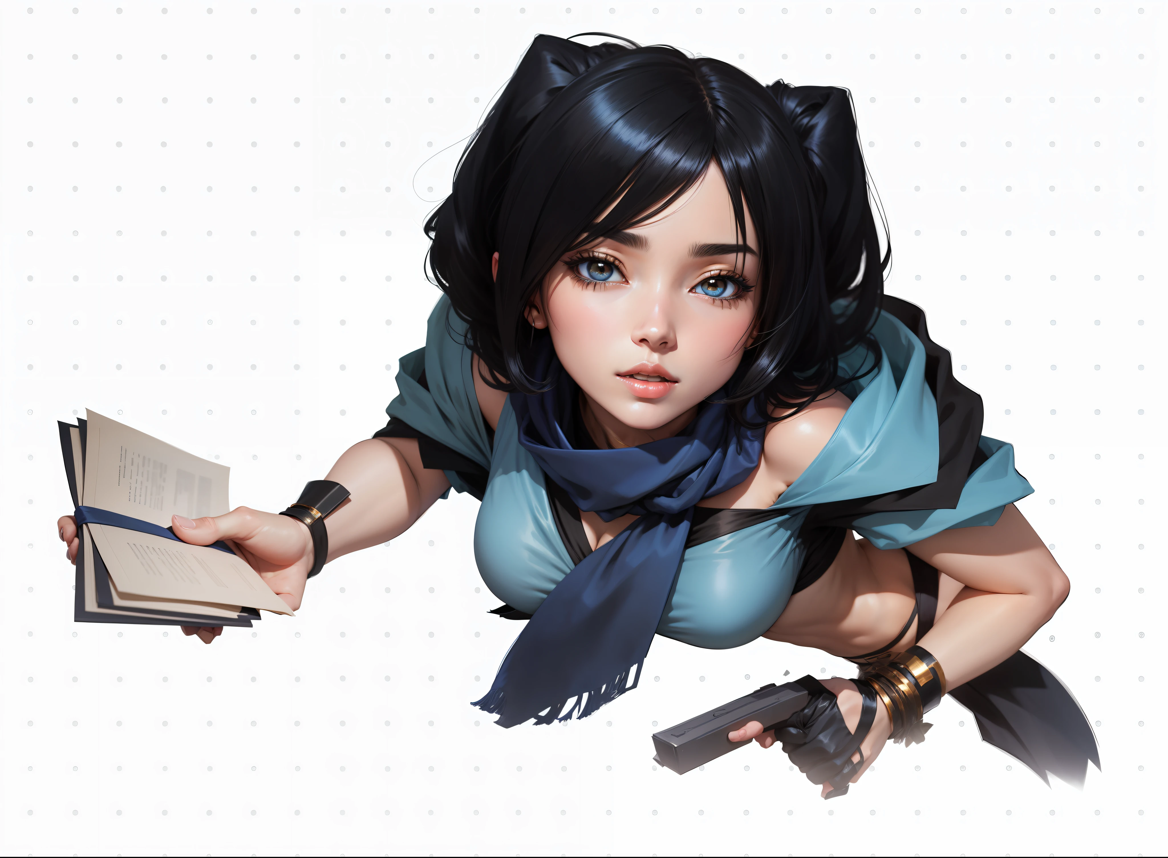 Anime-style woman with shoulder-length black hair with a blue scarf around her neck and a black coat with golden edges --auto --s2