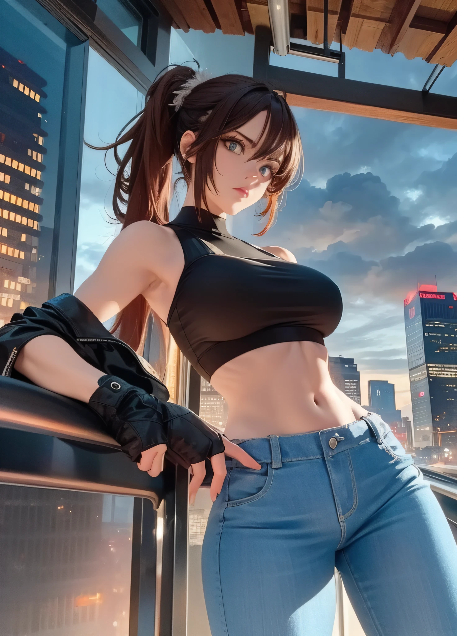 "A towering Giantess in a cool and laid-back hippie style is rocking a crop top and baggy pants. Her toned and athletic build hints at her massive strength. She seems to be casually strolling through the bustling cityscape of GTS City, as towering buildings loom overhead. Smoke and clouds roil around her, adding to the sense of epic scale and drama. The lighting is dark, gloomy, and realistic, creating a tense and ominous atmosphere. The perspective is from below, emphasizing the sheer majesty and power of the Giantess."