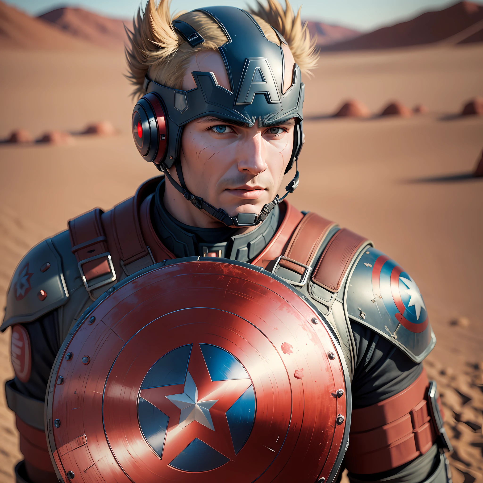 Captain America, Realistic Detail Face, Detailed Body, Highly Detailed 8k CGI Resolution, Red Sunlight, Gobi in the Desert on Mars, Hasselblad X1D 50C, Hasselblad XCD 80mm f/1.9, f/2.8 - f/4, 1/125 - 1/250, ISO 100 - 400 --auto --s2