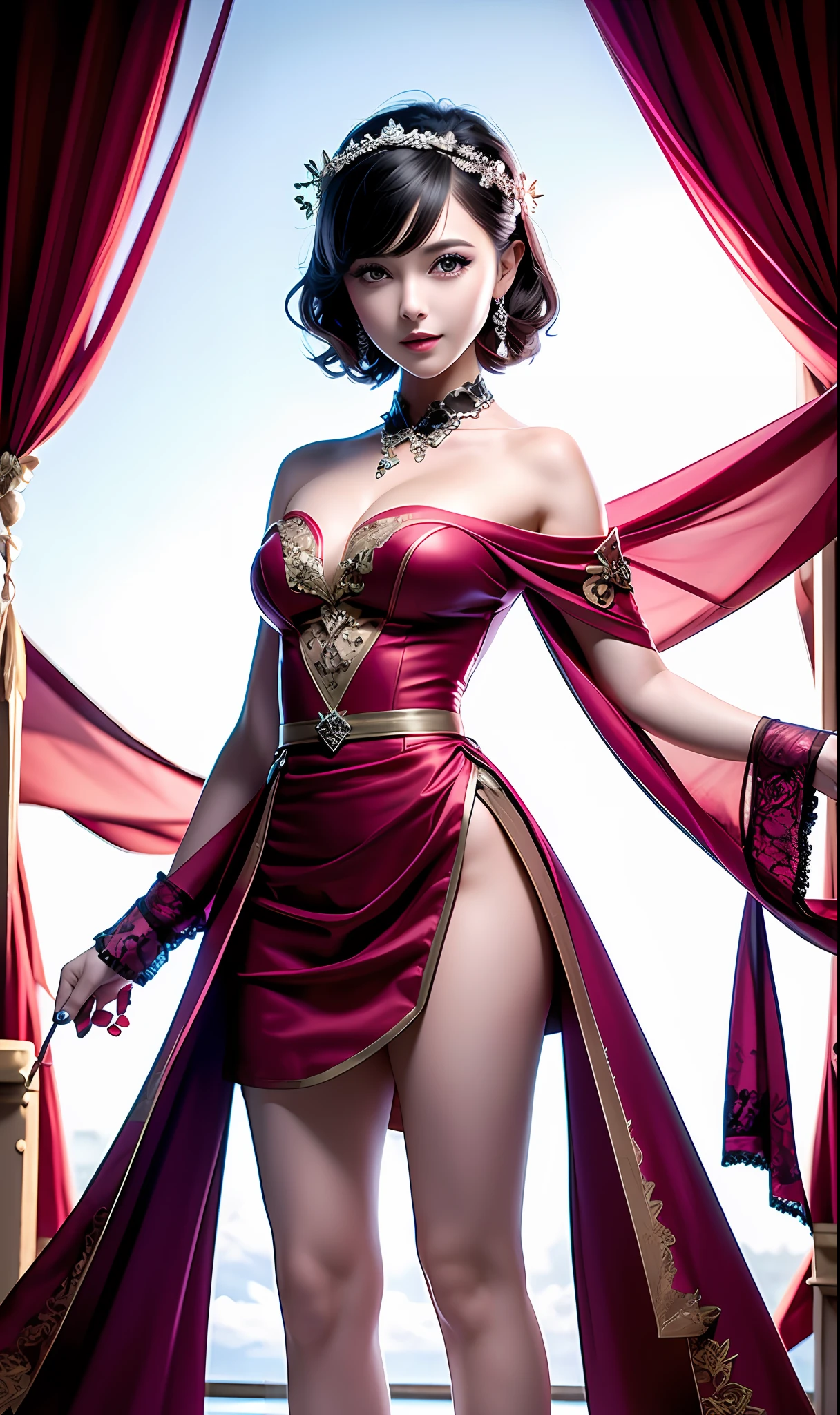 (8k, RAW photo, best quality, master:1.2), (realistic, photo-realistic:1.37), ultra detailed, 1 girl, cute, solo, beautiful detailed sky, detailed face, night, sitting, dating, (blushing), (smile: 1.1), big breasts, beautiful delicate eyes, buttoned undone, (collar shirt: 1.1), bow tie, pleated skirt, (short hair: 1.2), eye shadow, small face, big eyes, full body shot, bare shoulders, indoor, bed, M legs