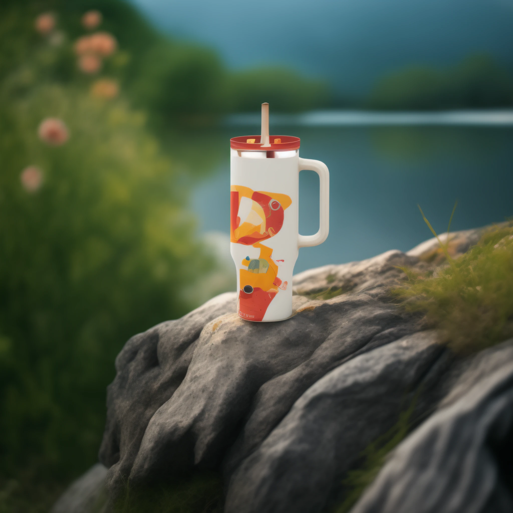 There is a cup, picture sitting on a rock, designed with blender, stylized to 3D rendering, promotional rendering, rendering with blender, rendering with blender, semi-realistic rendering, rendering with V-ray, stylized 3D rendering, artistic pose, product photos, daily rendering, blender rendering, blender rendering, 3D product rendering