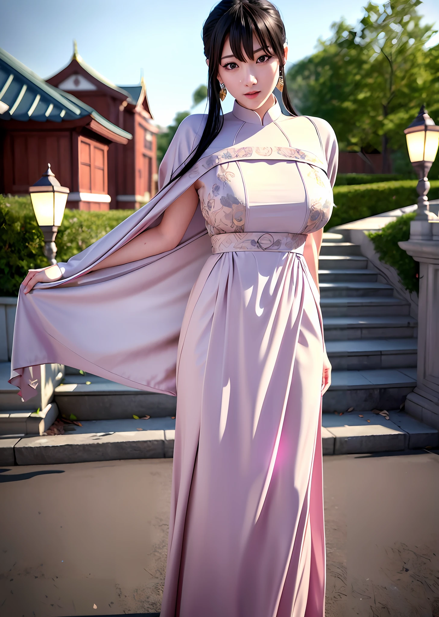 ulzzang-6500-v1.1,(raw photo:1.2),((photorealistic:1.4))best quality,masterpiece, illustration, an extremely decision and beautiful, extremely detailed,CG,unity,8k wallpaper, Amazing, finely detail, masterpiece, best quality, official art, very detailed CG unified 8k wallpaper, ridiculous, incredibly ridiculous, huge file size, super detailed, high resolution, very detailed, beautiful detailed girl, very detailed eyes and face, beautiful detailed eyes, light on face, movie lights, hanfu, 1 girl, full body, full body photo, big breasts, perspective, looking at the audience, outdoors,