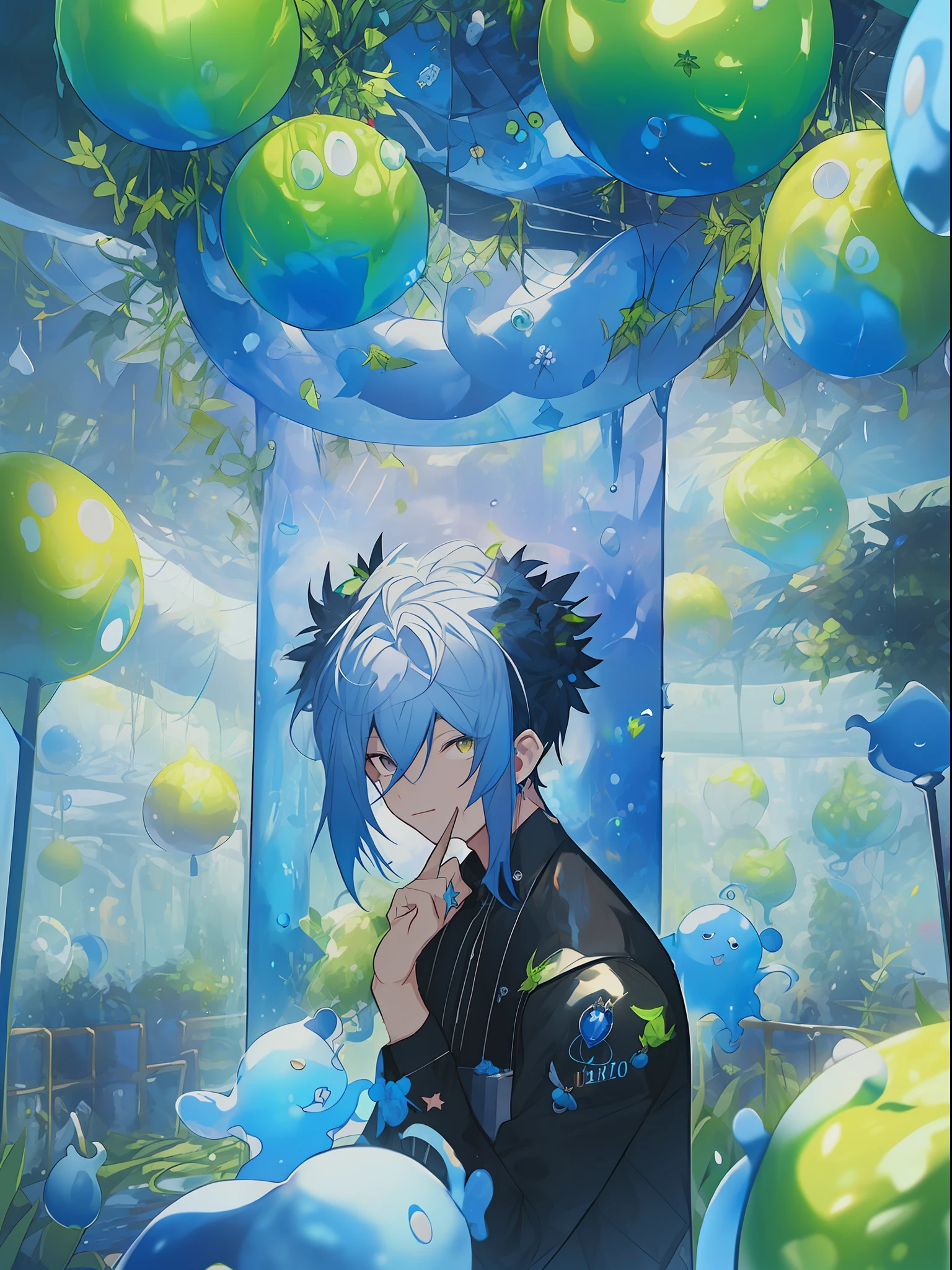 (Dark Blue Moon, Anime Style, Character, Chest Up, Portrait, Portrait, 2boy, Butler, (Boy Interacting with the Application), Black Hair, Eyelash, Jewel Eye Details, Highly Detailed Face Depiction, Dome World Background, Consciousness Trapped in a Blue Kowloon Star, (Emulator Mouse and Ultrasound Vision Connection, Digital Signage Umbrella - Hanging Umbrella), the presence of clones and androids, (running debugging, operating applications, viruses, error sounds), (conflicting emulators, range, Robert Robert, virtual reality, tech, competition, clones, android), pan closet, cyber, virtual reality, 2boy, 1 butler android, 1chatGPT, )))), Giant yellow fruit background, world tree background, funassi role, lanlan lu, chic, butler who can't stop licking his tongue, 77777, jackpot, dancing props, slime background wrapped in yellow translucent outlines, kowloon world tree background towering more than 200 meters and reaching the ceiling of the dome, worm virus, Scene of huge tree roots along the coastline, big slime scene, fruit surface tension, blue Kowloon star, slime fruit background, scattered flowers, fruit-bearing, metamorphosing, green vine-like tendrils, countless feathers sprouting from fruit skin, Kowloon world tree with huge yellow fruit, moving like octopus tentacles, proliferation of roots of huge trees disguised as marine life, large slime fruits, Maintaining a certain size due to surface tension, witnessing the World Tree during a shootout and metamorphosis of flesh-like creatures that bear fruit