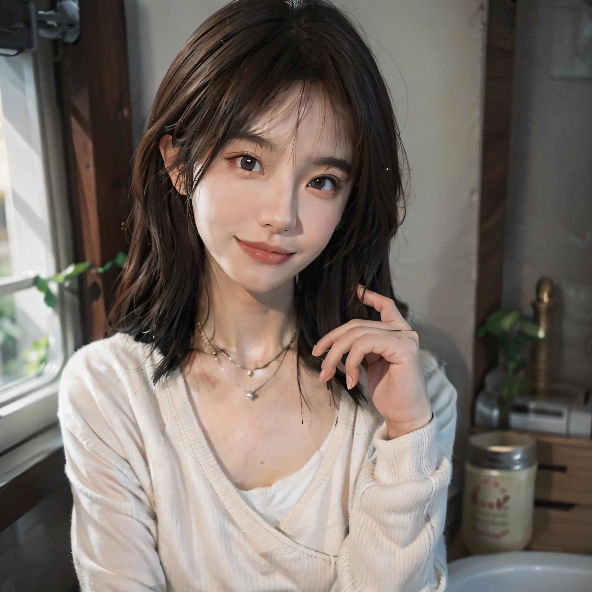 ((Night, Realistic Light, Best Quality, 8K, Masterpiece: 1.3)), 1girl, Slim Beauty: 1.4, Abs: 1.1, (Brown hair, Medium breasts: 1.3), Long pink sweater: 1.1, Bathroom, Super fine face, Delicate eyes, Double eyelids, smile, necklace Live 8K highest quality picture quality pulled