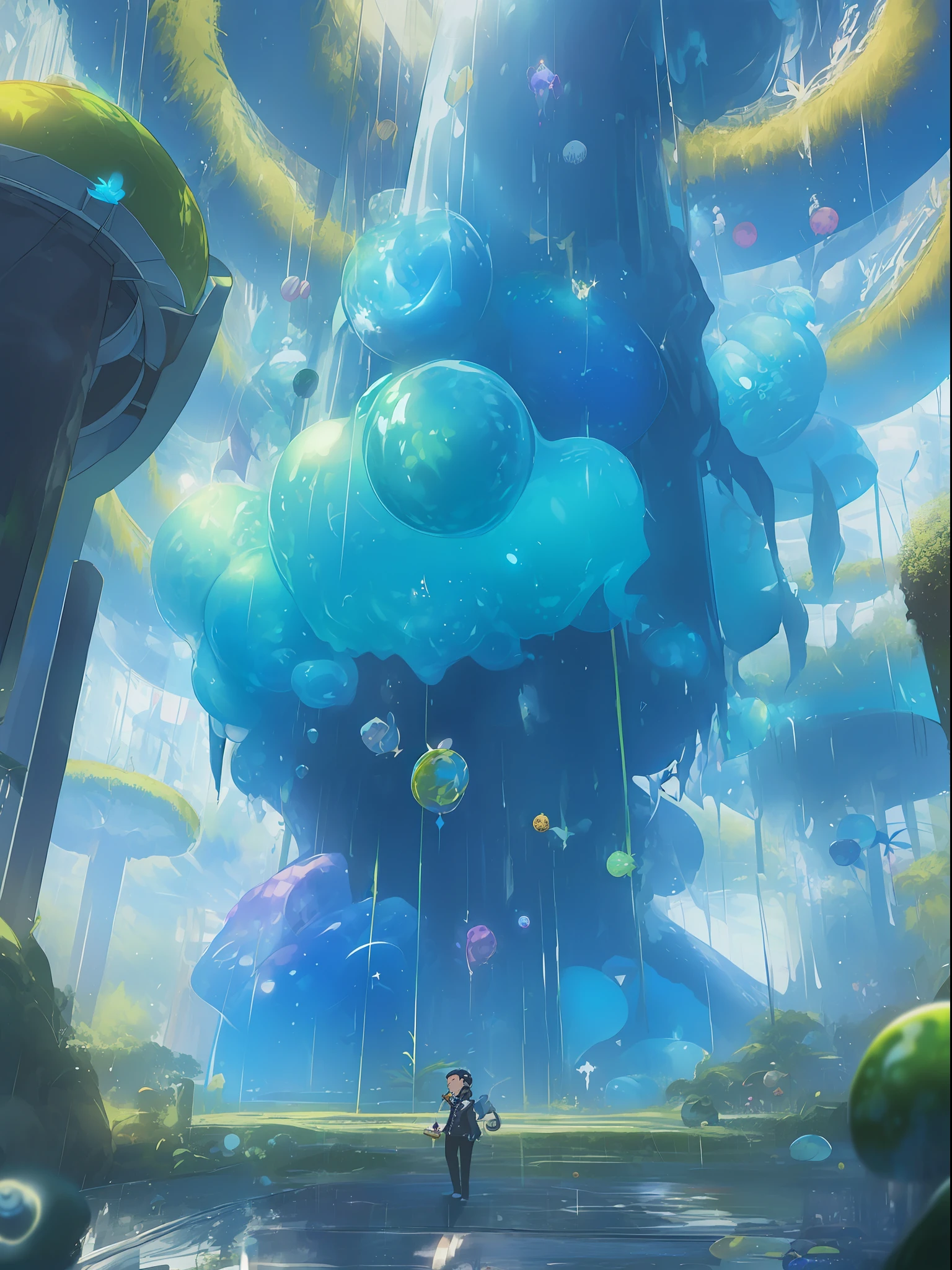 (Dark Blue Moon, Anime Style, Character, Chest Up, Portrait, Portrait, 2boy, Butler, (Boy Interacting with the Application), Black Hair, Eyelash, Jewel Eye Details, Highly Detailed Face Depiction, Dome World Background, Consciousness Trapped in a Blue Kowloon Star, (Emulator Mouse and Ultrasound Vision Connection, Digital Signage Umbrella - Hanging Umbrella), the presence of clones and androids, (running debugging, operating applications, viruses, error sounds), (conflicting emulators, range, Robert Robert, virtual reality, tech, competition, clones, android), pan closet, cyber, virtual reality, 2boy, 1 butler android, 1chatGPT, )))), Giant yellow fruit background, world tree background, funassi role, lanlan lu, chic, butler who can't stop licking his tongue, 77777, jackpot, dancing props, slime background wrapped in yellow translucent outlines, kowloon world tree background towering more than 200 meters and reaching the ceiling of the dome, worm virus, Scene of huge tree roots along the coastline, big slime scene, fruit surface tension, blue Kowloon star, slime fruit background, scattered flowers, fruit-bearing, metamorphosing, green vine-like tendrils, countless feathers sprouting from fruit skin, Kowloon world tree with huge yellow fruit, moving like octopus tentacles, proliferation of roots of huge trees disguised as marine life, large slime fruits, Maintaining a certain size due to surface tension, witnessing the World Tree during a shootout and metamorphosis of flesh-like creatures that bear fruit