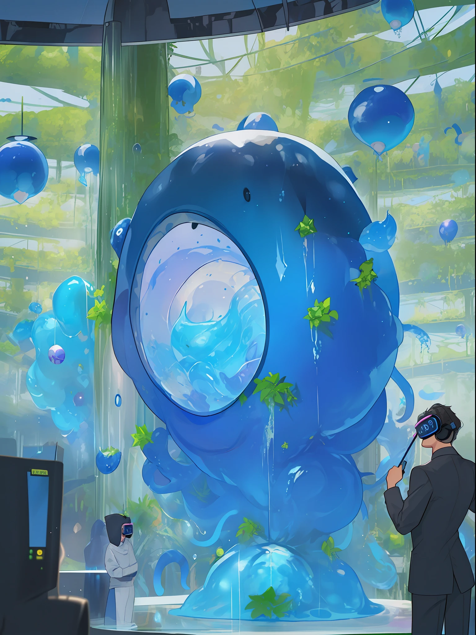 (Dark Blue Moon, Anime Style, Character, Chest Up, Portrait, Portrait, 2boy, Butler, (Boy Interacting with the Application), Black Hair, Eyelash, Jewel Eye Details, Highly Detailed Face Depiction, Dome World Background, Consciousness Trapped in a Blue Kowloon Star, (Emulator Mouse and Ultrasound Vision Connection, Digital Signage Umbrella - Hanging Umbrella), the presence of clones and androids, (running debugging, operating applications, viruses, error sounds), (conflicting emulators, range, Robert Robert, virtual reality, tech, competition, clones, android), pan closet, cyber, virtual reality, 2boy, 1 butler android, 1chatGPT, )))), Giant yellow fruit background, world tree background, funassi role, lanlan lu, chic, butler who can't stop licking his tongue, 77777, jackpot, dancing props, slime background wrapped in yellow translucent outlines, kowloon world tree background towering more than 200 meters and reaching the ceiling of the dome, worm virus, Scene of huge tree roots along the coastline, big slime scene, fruit surface tension, blue Kowloon star, slime fruit background, scattered flowers, fruit-bearing, metamorphosing, green vine-like tendrils, countless feathers sprouting from fruit skin, Kowloon world tree with huge yellow fruit, moving like octopus tentacles, proliferation of roots of huge trees disguised as marine life, large slime fruits, Maintaining a certain size due to surface tension, witnessing the World Tree during a shootout and metamorphosis of flesh-like creatures that bear fruit