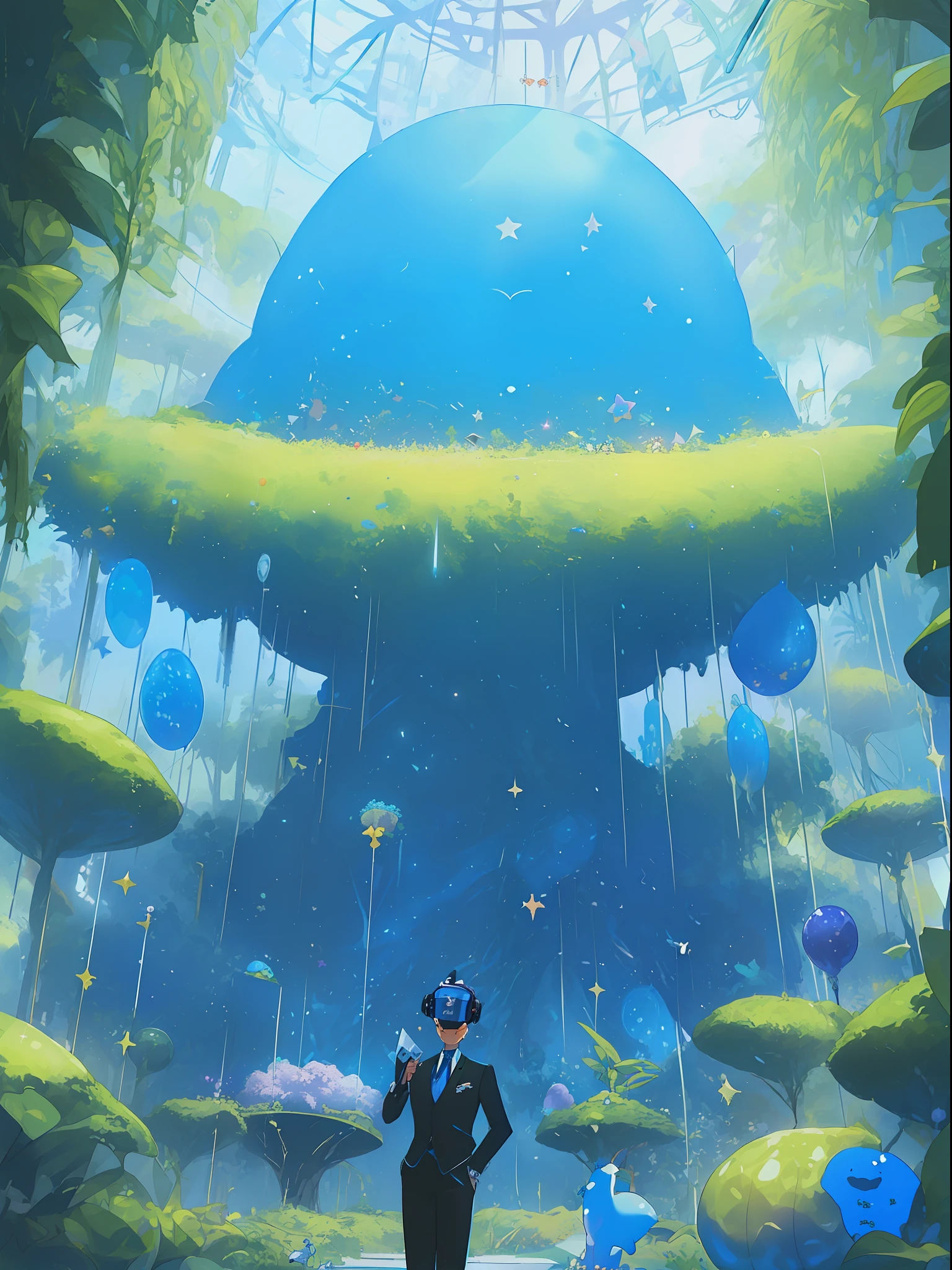 (Dark Blue Moon, Anime Style, Character, Chest Up, Portrait, Portrait, 2boy, Butler, (Boy Interacting with the Application), Black Hair, Eyelash, Jewel Eye Details, Highly Detailed Face Depiction, Dome World Background, Consciousness Trapped in a Blue Kowloon Star, (Emulator Mouse and Ultrasound Vision Connection, Digital Signage Umbrella - Hanging Umbrella), the presence of clones and androids, (running debugging, operating applications, viruses, error sounds), (conflicting emulators, range, Robert Robert, virtual reality, tech, competition, clones, android), pan closet, cyber, virtual reality, 2boy, 1 butler android, 1chatGPT, )))), Giant yellow fruit background, world tree background, funassi role, lanlan lu, chic, butler who can't stop licking his tongue, 77777, jackpot, dancing props, slime background wrapped in yellow translucent outlines, kowloon world tree background towering more than 200 meters and reaching the ceiling of the dome, worm virus, Scene of huge tree roots along the coastline, big slime scene, fruit surface tension, blue Kowloon star, slime fruit background, scattered flowers, fruit-bearing, metamorphosing, green vine-like tendrils, countless feathers sprouting from fruit skin, Kowloon world tree with huge yellow fruit, moving like octopus tentacles, proliferation of roots of huge trees disguised as marine life, large slime fruits, Maintaining a certain size due to surface tension, witnessing the World Tree during a shootout and metamorphosis of flesh-like creatures that bear fruit