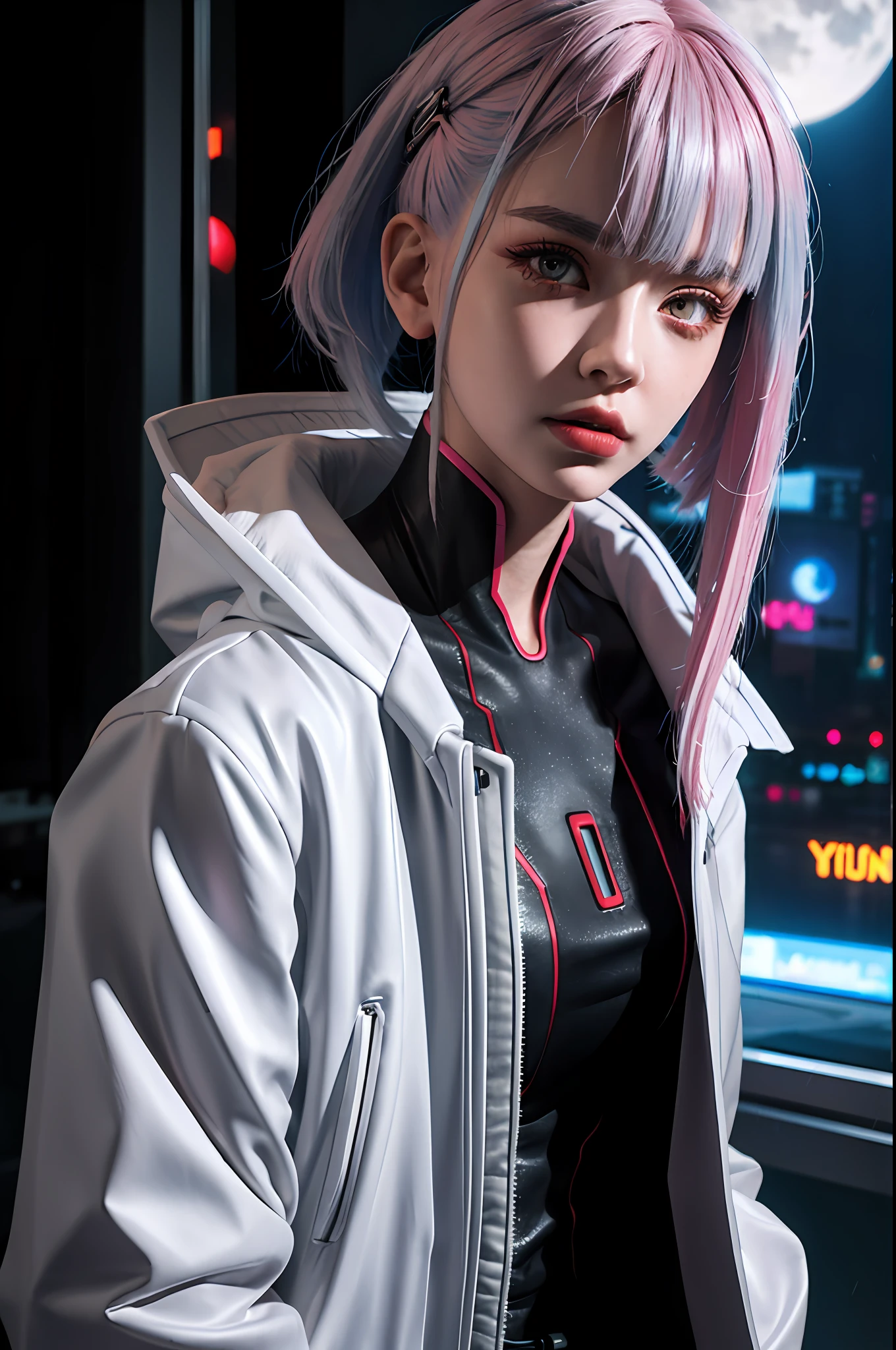 (Top Quality, 8k, Masterpiece, CG)lucy \(cyberpunk\), 1girl, hair scrunchie, hime cut, silver hair, colored tips, full moon, grey eyes, jacket, long sleeves, looking at viewer, super detailed face, medium hair, multicolored hair, bangs parted, lips apart, Pink hair, portrait, red eyeliner, red lips, solo, white jacket, cyberpunk (series), rainy night in neon-shimmering cyberpunk city