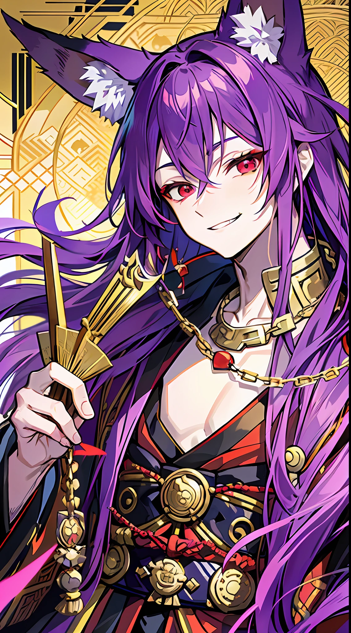 Young boy, long purple hair, fox ears, red eyes, kimono, fan, golden chains, smirk, masterpiece, high quality