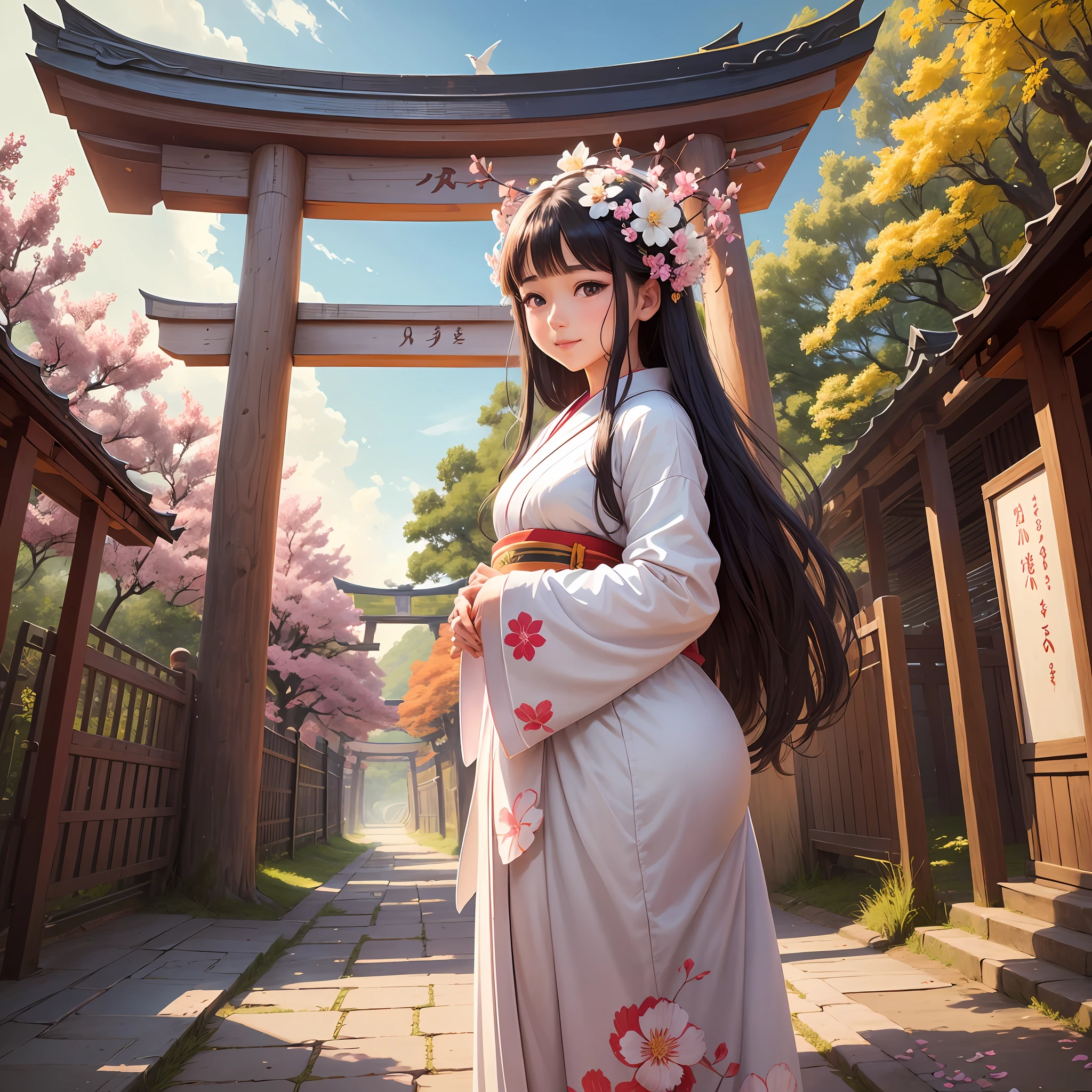A torii gate towers over the beautiful sky that spreads out at the end of the sky. In front of the torii gate, bright red higan flowers bloom, and their beauty catches the eye. Bright petals sway in the wind, creating a fantastic sight.
And in front of the torii gate, a girl dressed in a white kimono is standing. Her hair is long and flutters gracefully in the wind. Her eyes are deep and clear and full of transparency. There is a divine aura floating around her, and you can tell at a glance that she is special.
The girl is silently staring at Higanka. In her hand is a single higan flower, captivated by its beauty. She smiles sweetly with her thoughts for flowers. His smile is gentle and warm, and has the power to heal the hearts of those who see it.
Around her, the singing of birds echoes, and you can feel the breath of nature. This place at the end of the sky is a reminder of the connection to nature that people often forget. The girl respects the workings of nature and plays a role in conveying its importance to people.
Her presence is mysterious, yet brings a gentle enveloping peace. Those who stand before her can receive blessings and healing from her. The figure of the girl creates a beautiful spectacle in which purity and grace are harmonious, and you feel that there is a divine energy in this place.
Standing in front of the torii gate, a girl in a white kimono brings blessings and peace to people in this special place at the end of the sky. Her gentle smile and the beauty of Higanbana touch the heart, touching and healing the souls of visitors. --auto --s2