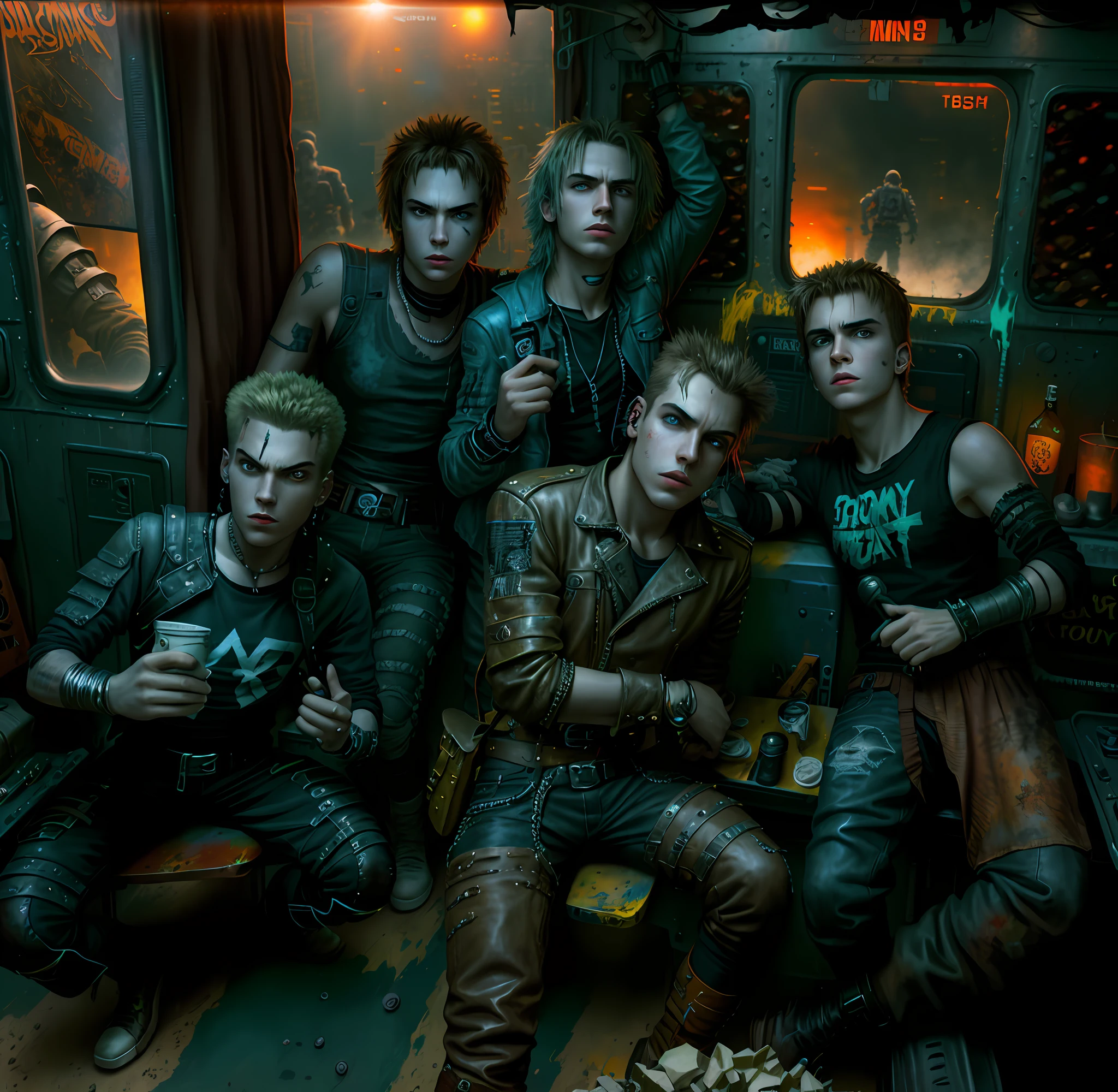 age male rock band, 19 years old, 20 years old, movie poster, mad max, residend evil, high quality, painting, futurism, post apocalyptic, rock band on a bus, sunset, mad max, punk, movie poster, realistic painting art.
