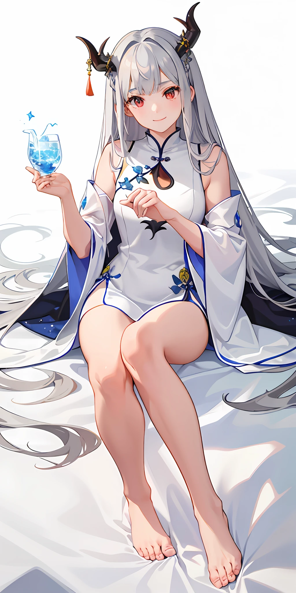 Best image quality, master work, higher quality, high detail, super high resolution, depth of field, royal sister, eldest miss, single, goddess, shut up, watery eyes, smile, shy, long hair, hair over the shoulder, gray hair, straight hair, bangs between the eyebrows, fluffy hair, silver hair, red eyes, jewelry, necklace, cheongsam, robe, bare shoulders, bare feet, dragon horns, hands behind, turn back, winter, night, stars, ice and snow, Chinese style, ancient style