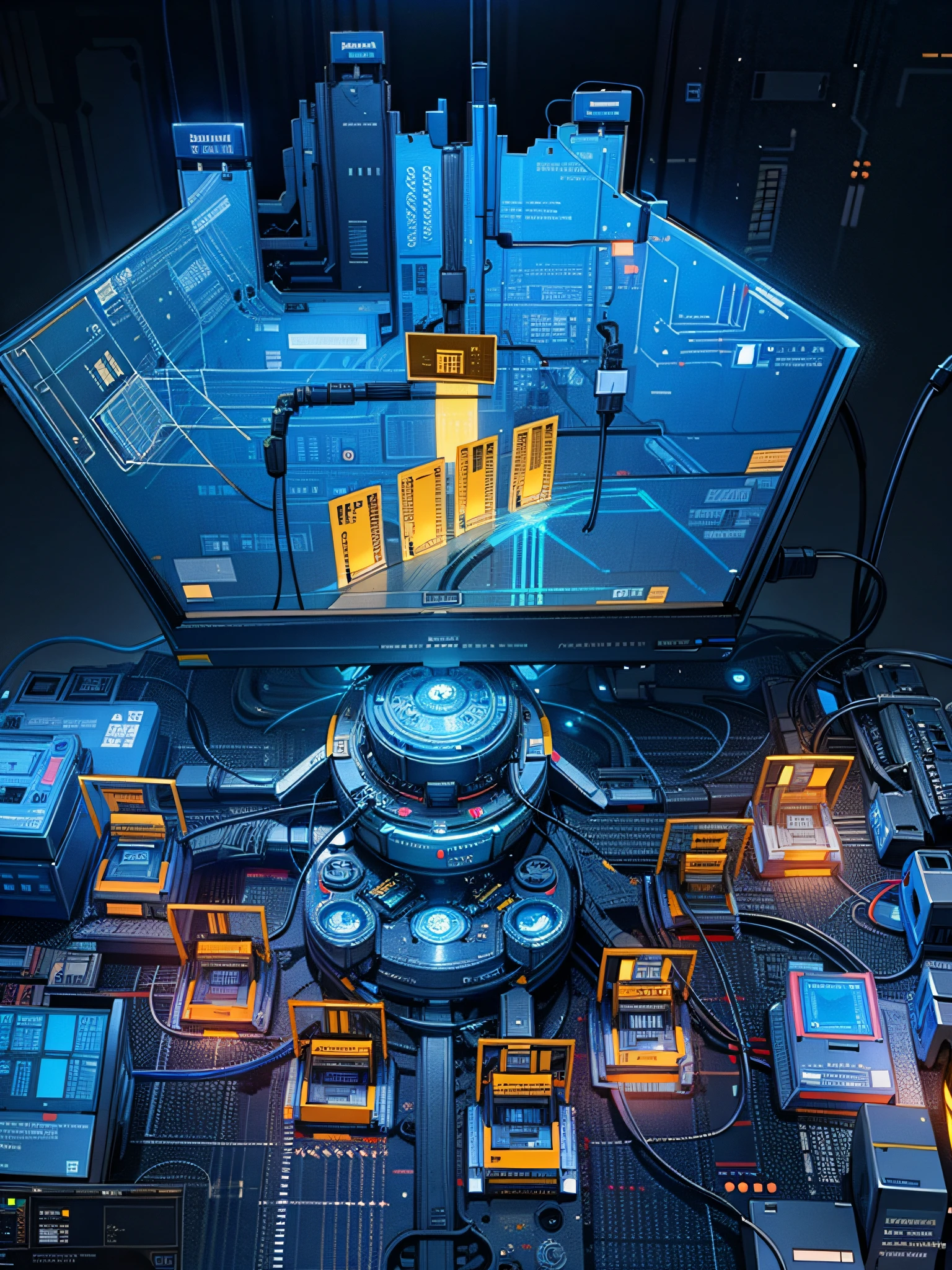 Circuit diagram, circuit board, cyberpunk, processor, technical light effect, blue series, simple and clean style, system diagram