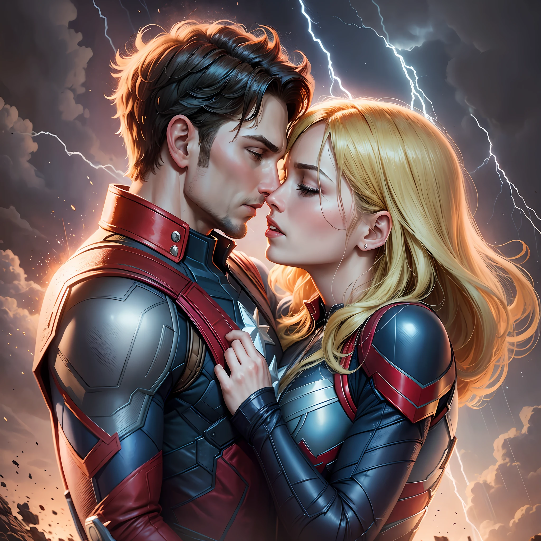 Captain America and Captain Marvel kissing tenderly, in an epic and dramatic battle setting, with a burning sky and rain of fire, emphasizing the rapturous passion between them. --auto --s2