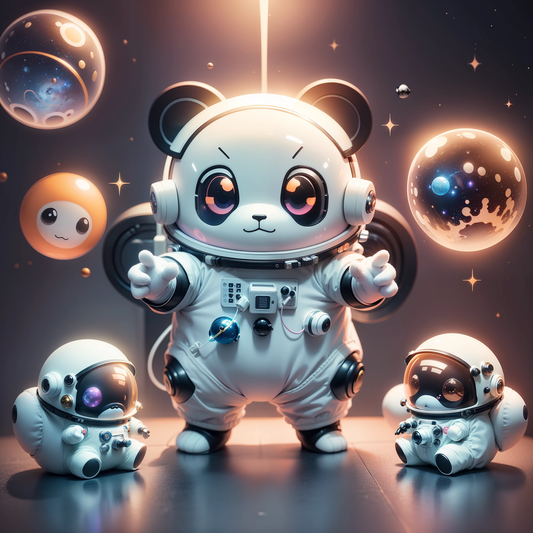 Super cute panda head, full body 3D drawing, 1 cute, c4d, pop matt blind box, glowing bubbles, toys, solid color background, chibi, fluorescent light transmission, luminescence, kawaii, (((astronaut, spacesuit))), reference table, pop mart blind box, pixar, complex details, 3d rendering, blender, oc renderer, fol body reference sheet, dribble, high details, 8k, Studio lighting, loli, petite, child, chibi, standard definition characters: 1.1, magic space warehouse background