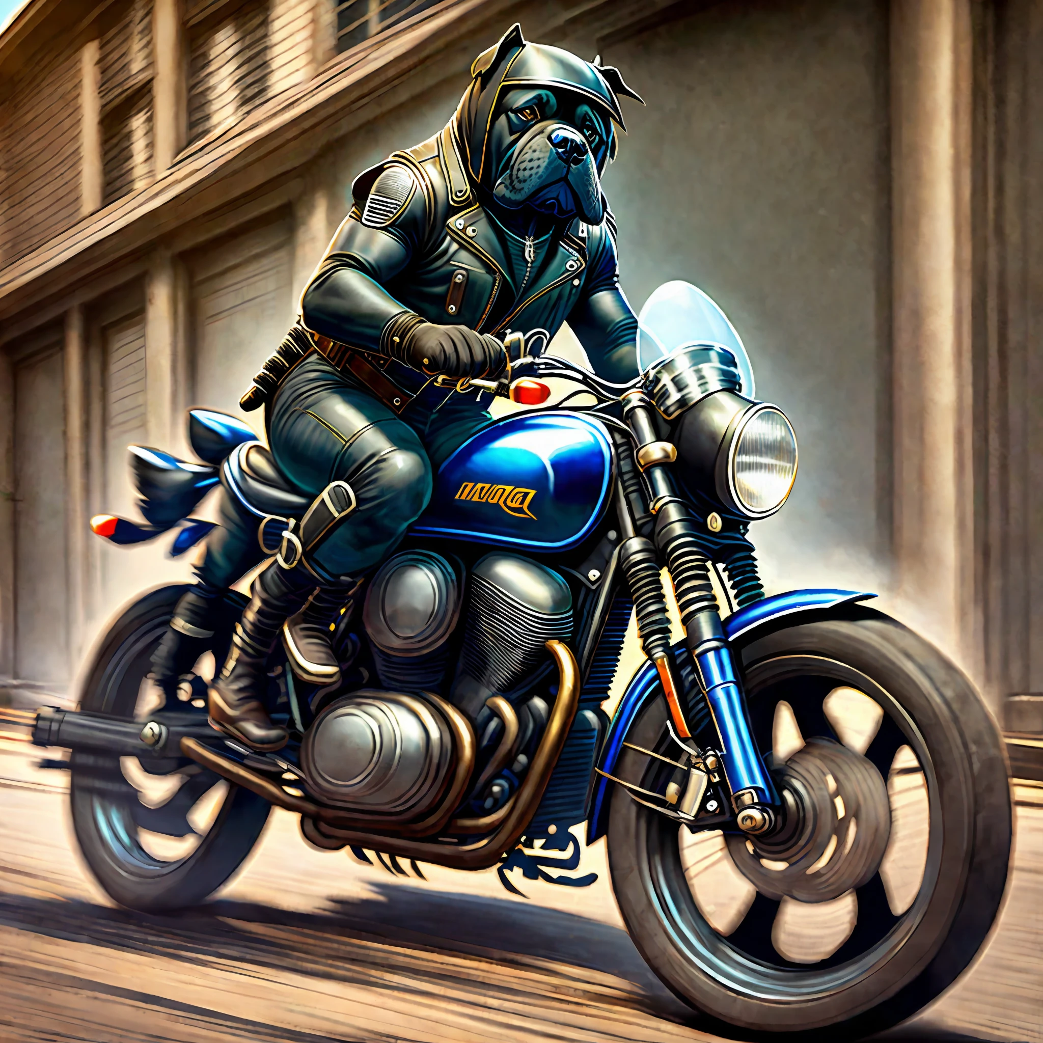 A humanoid dog of the cane corso breed, motorcyclist, in leather vest, riding a motorcycle