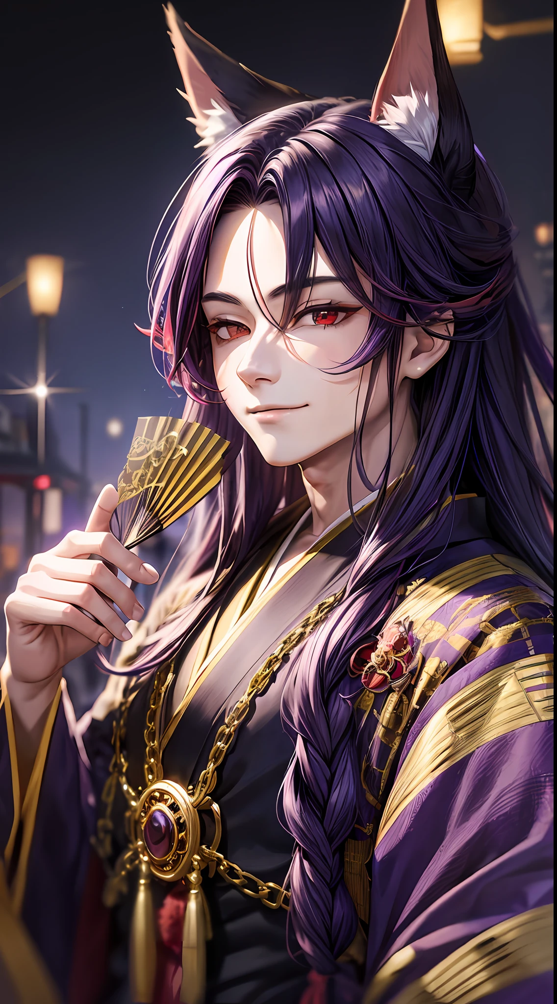 boy, long purple hair, fox ears, red eyes, kimono, fan, golden chains, smirk, masterpiece, high quality