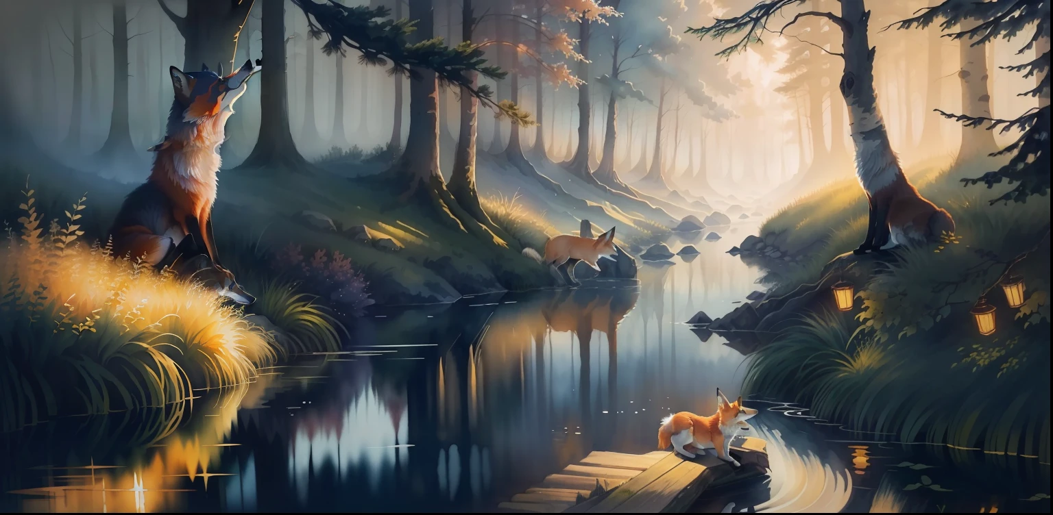 A watercolor painting of an image of a Fox, in the forest, drinking water in the lake, at dusk