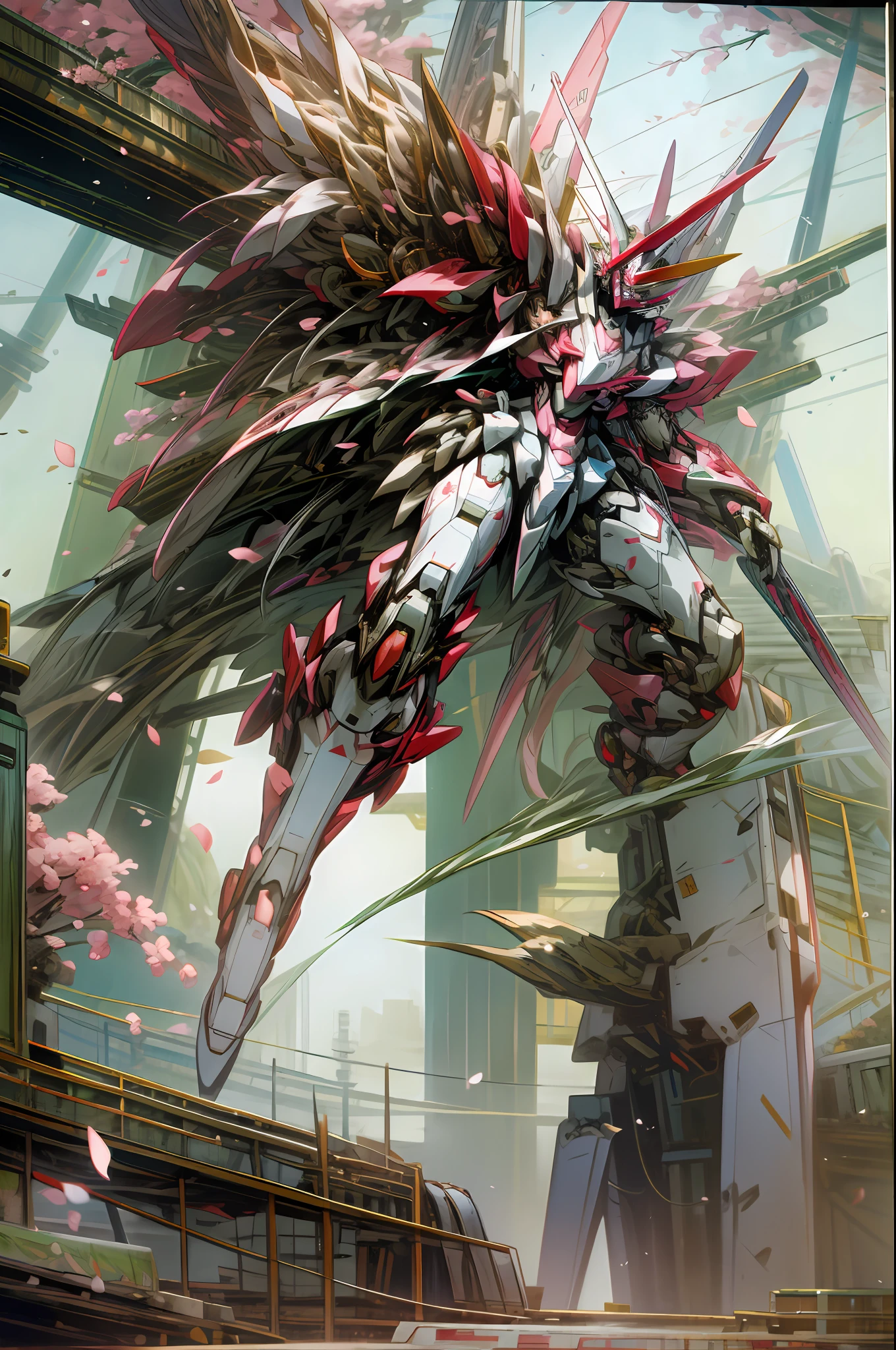 Mecha woman, beautiful and pure, background flying cherry blossoms, crane wanglan, heavy mecha wind, ruins, eva, crane wanglan