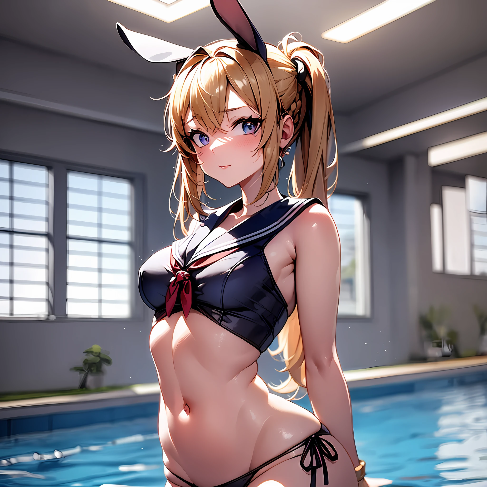 Background is school pool, lots of schoolgirls in the background, focus on the background, heart cut out sailor suit and lingerie fusion, model pose, rabbit ears, thick eyebrows, female brat, small, pigtails, beautiful blonde, braid, (masterpiece), ((best quality)), (super detailed), full body anime girl, clean and detailed face, five fingers, textile shading, perfect human body structure, perfect anatomy,