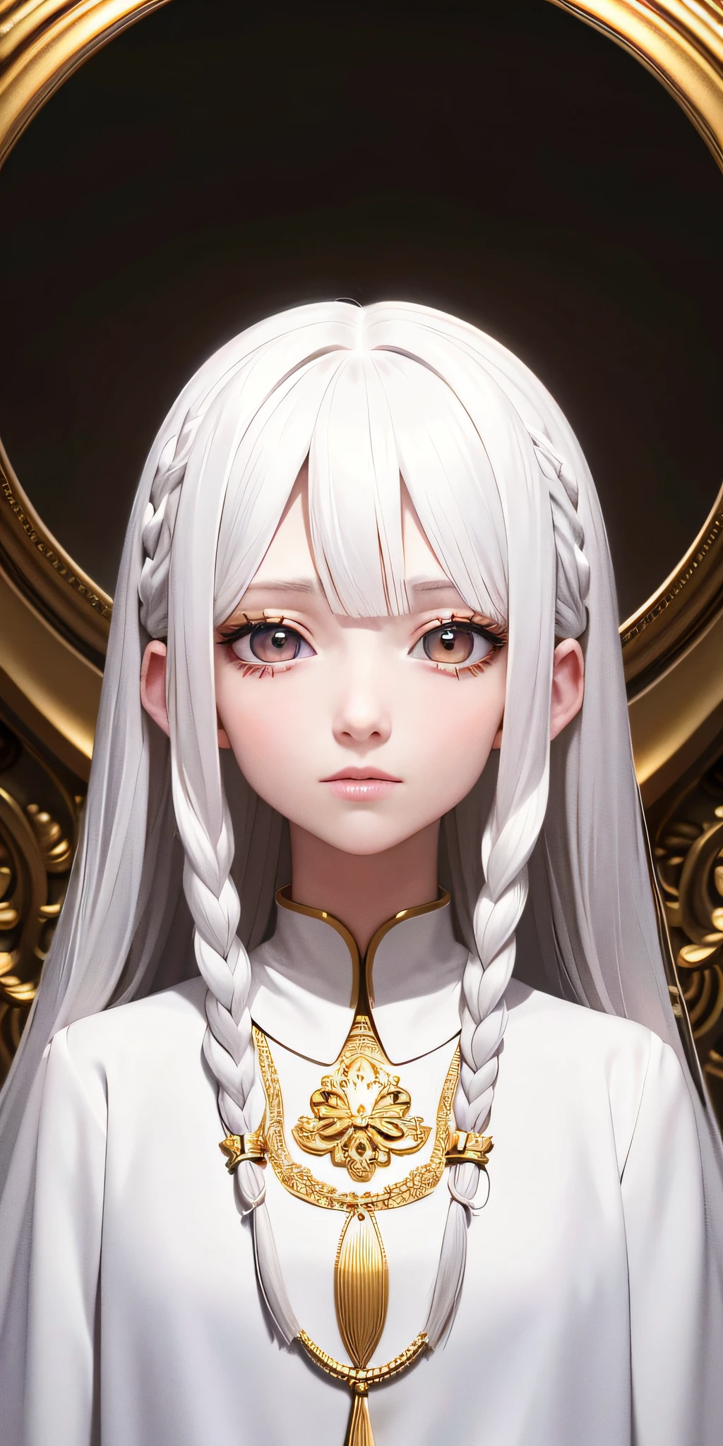 best quality, masterpiece,white hair, gold eyes,white clothes, looking up, upper body,hair strand,Fair skin,side braids