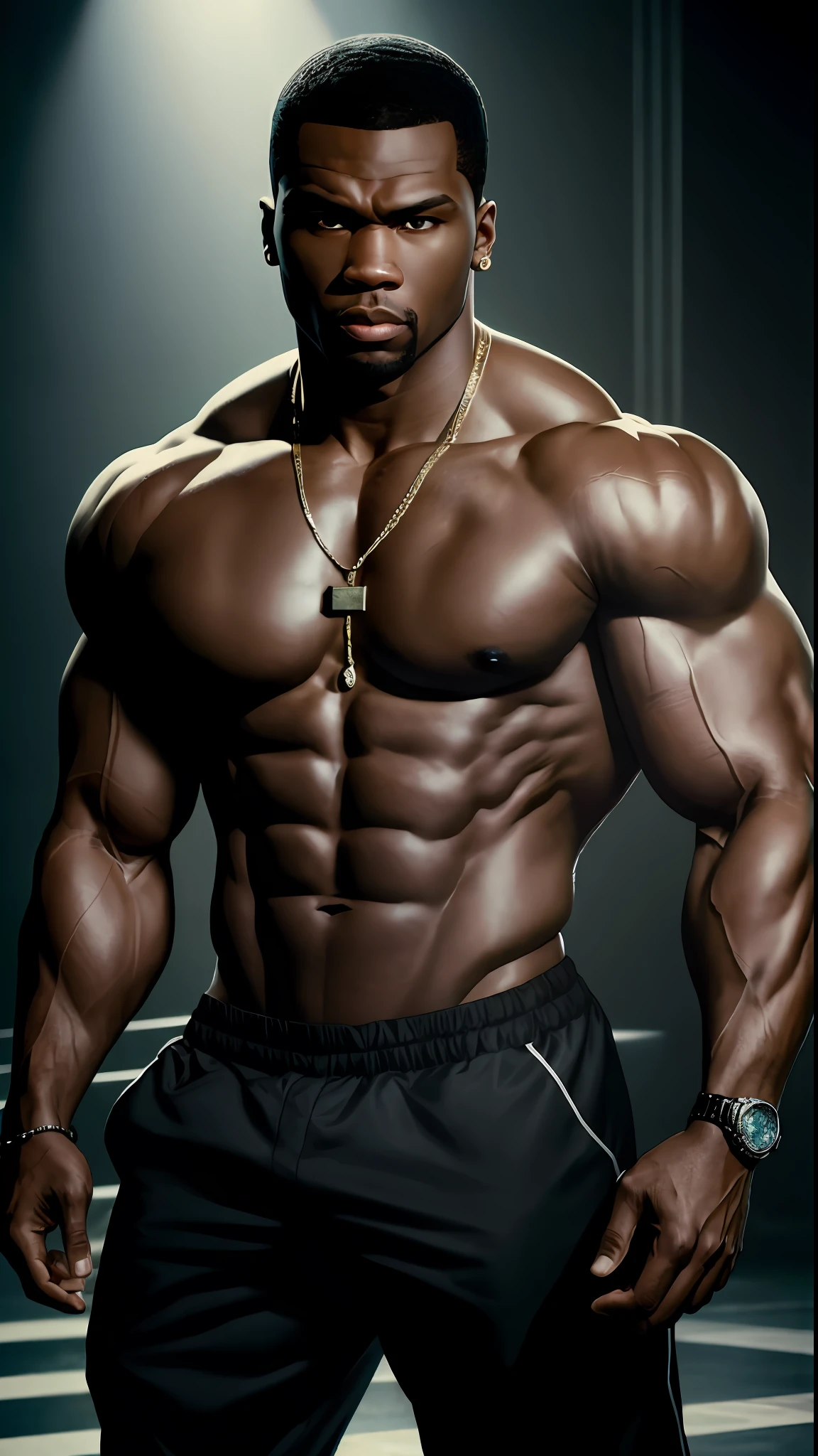 8k portrait of 50 cent Bodybuilder, shirtless, intricate, 35 years old, las vegas, full body, looking at the camera, elegant, (black eyes), highly detailed, gym background, majestic, digital photography, art by artgerm and ruan jia and greg rutkowski, black hair, broken glass around (masterpiece, side lighting, beautiful finely detailed eyes: 1.2), hdr