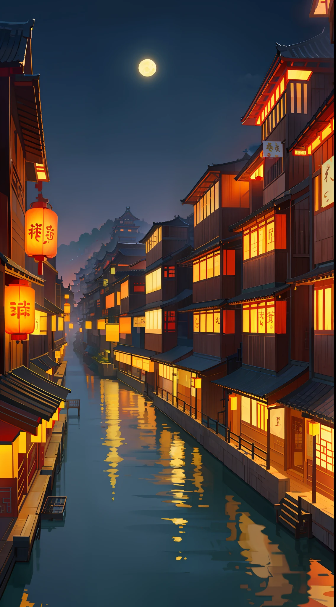 Night scene of dark sky and full moon street, Chinese town, Chinese street, fantastic Chinese town, Spirited Away style scene, anime style cityscape, night village background, Chinese city, Spirited away style town, digital painting, anime landscape concept art