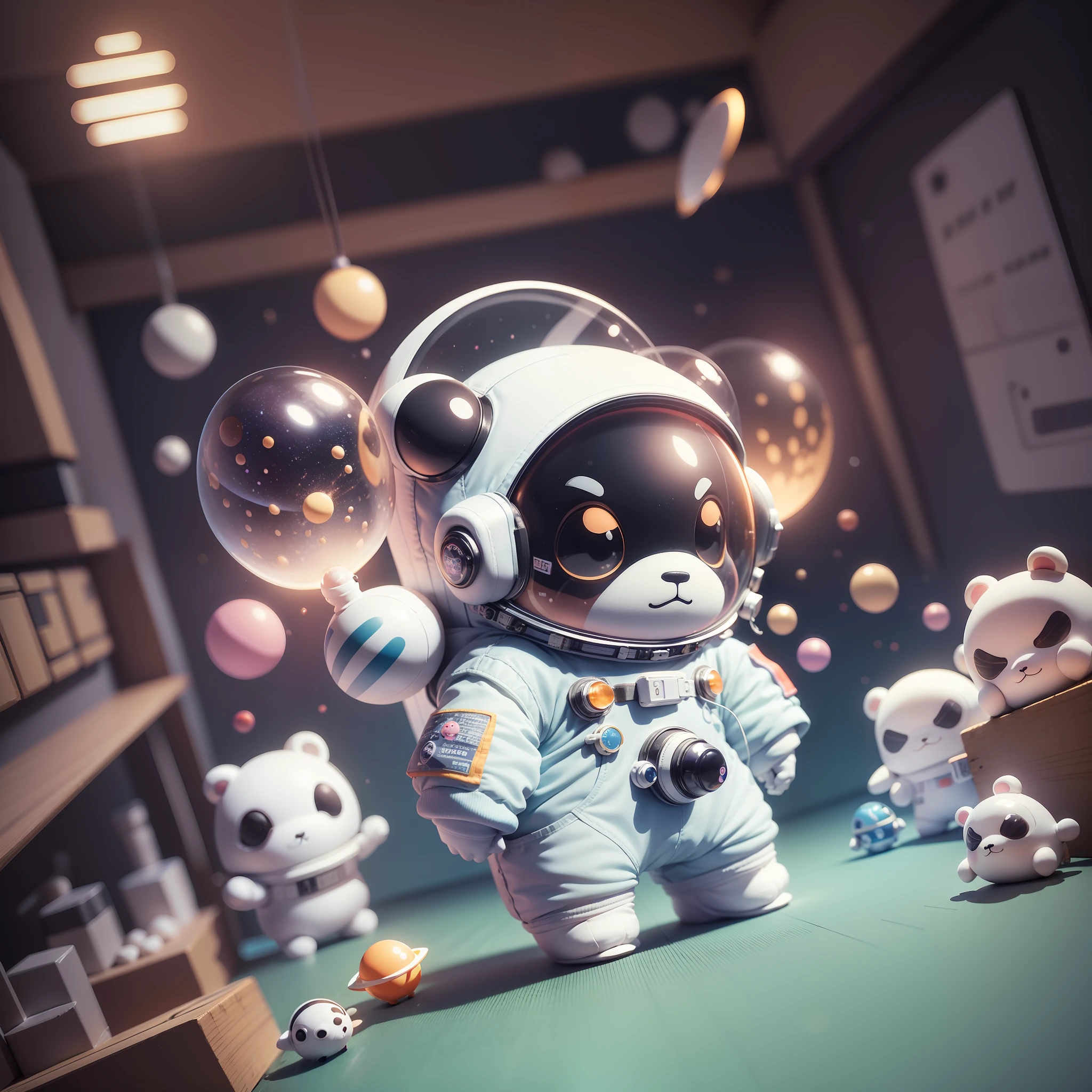 Super cute panda head, full body 3D drawing, 1 cute, c4d, pop matt blind box, glowing bubbles, toys, solid color background, chibi, fluorescent light transmission, luminescence, kawaii, (((astronaut, spacesuit))), reference table, pop mart blind box, pixar, complex details, 3d rendering, blender, oc renderer, fol body reference sheet, dribble, high details, 8k, Studio lighting, loli, petite, child, chibi, standard definition characters: 1.1, magic space warehouse background