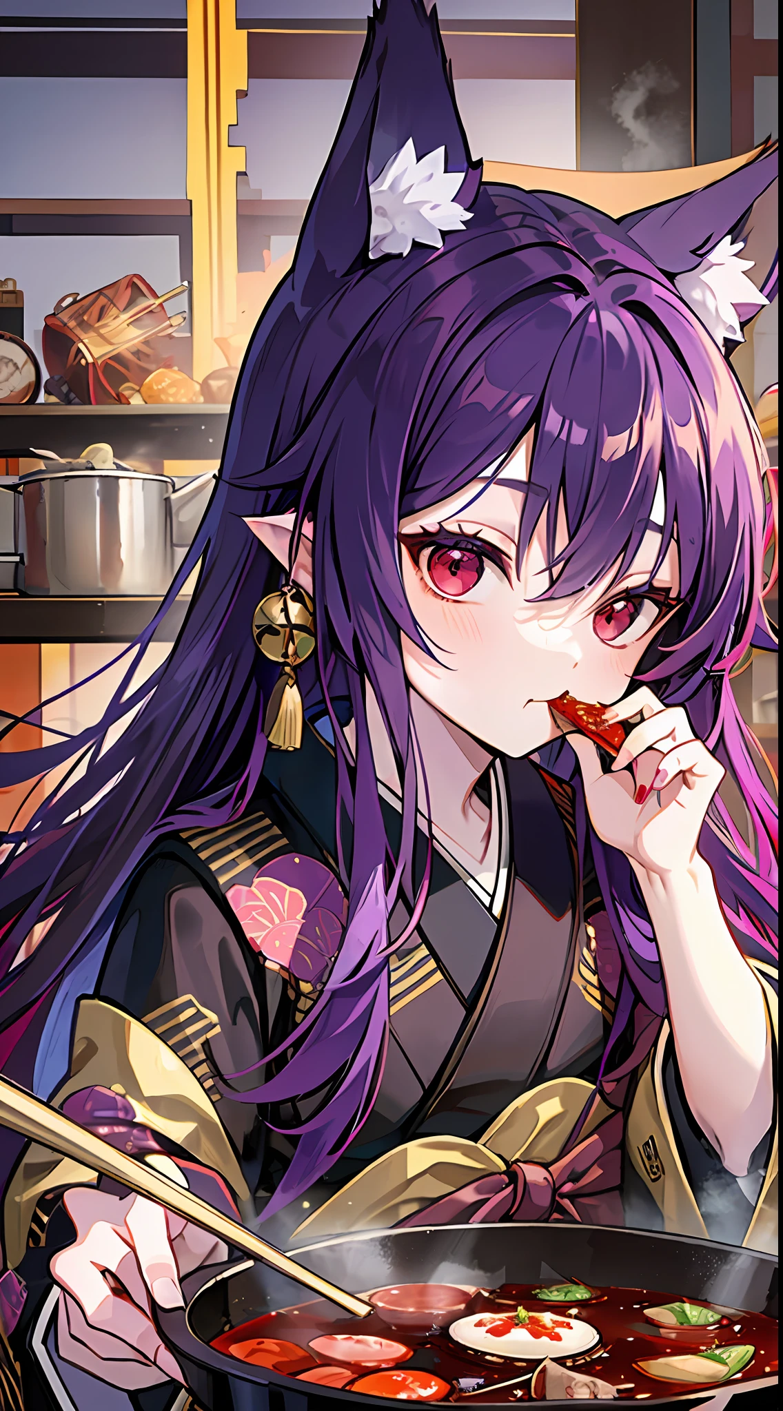Little boy, long purple hair, fox ears, red eyes, kimono, fan, gold chain, eating spicy hot pot, masterpiece, high quality