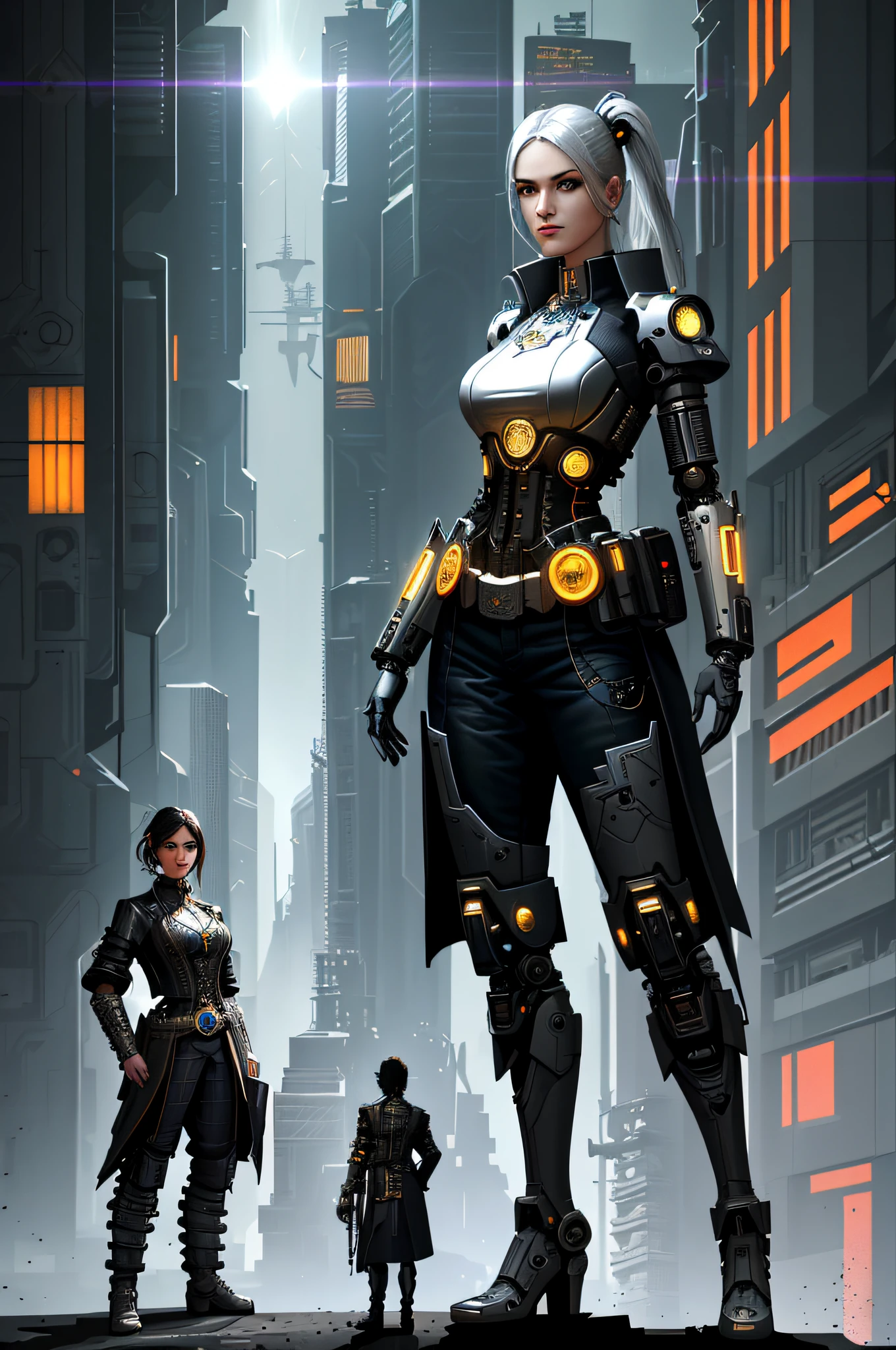 full body cyborg| full-length portrait| detailed face| symmetric| steampunk| cyberpunk| cyborg| intricate detailed| to scale| hyperrealistic| cinematic lighting| digital art| concept art| mdjrny-v4 style