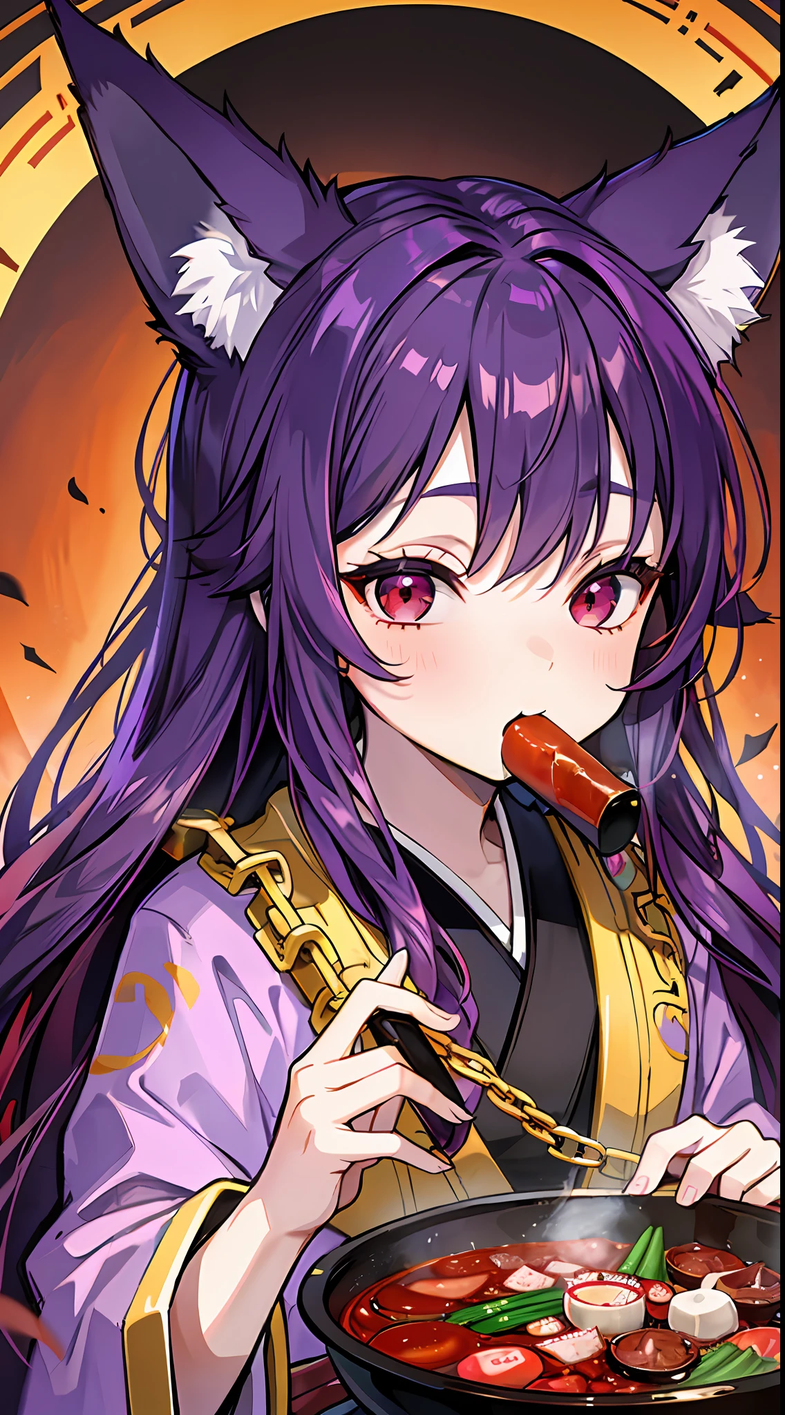 Little boy, long purple hair, fox ears, red eyes, kimono, fan, gold chain, eating spicy hot pot, masterpiece, high quality