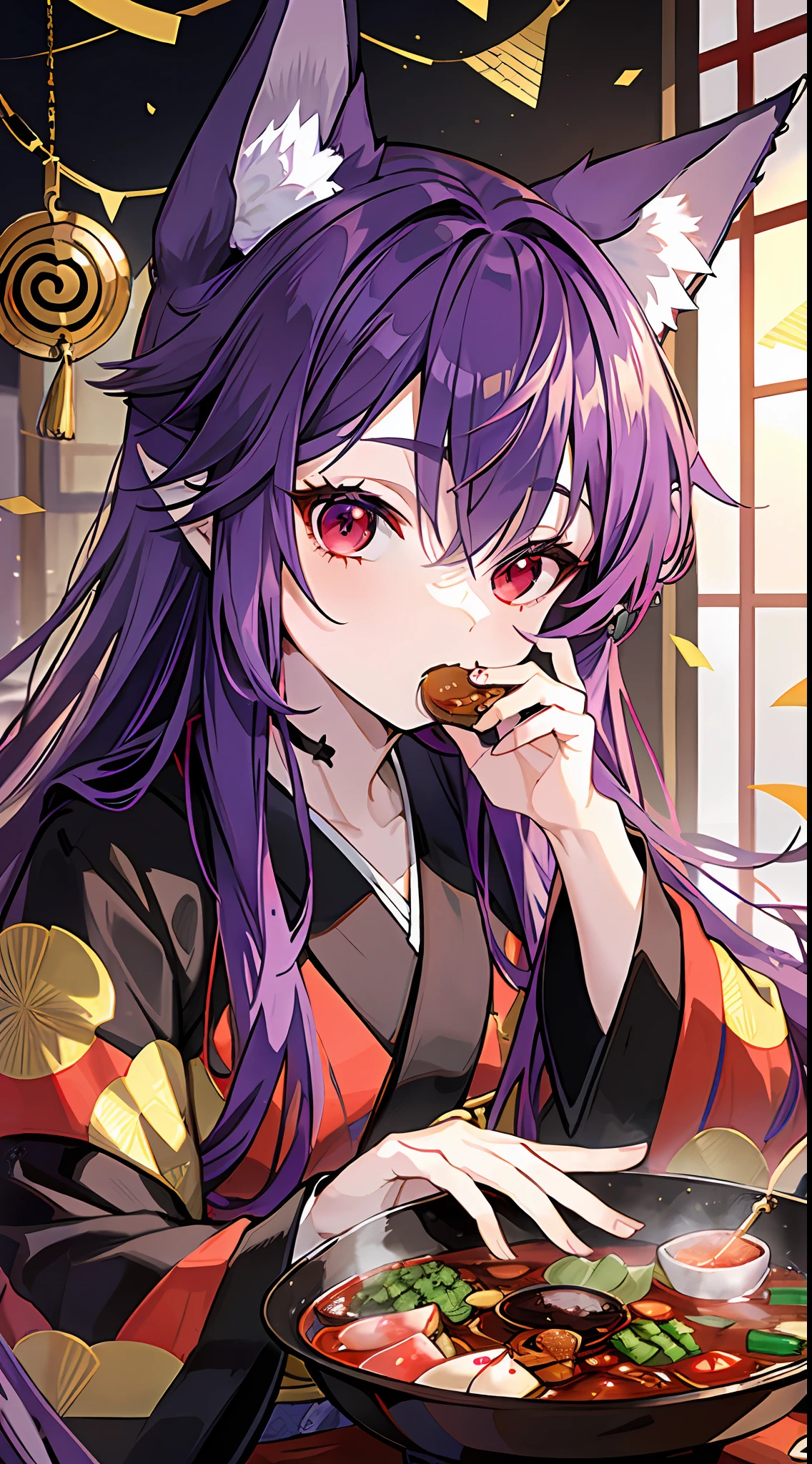 Little boy, long purple hair, fox ears, red eyes, kimono, fan, gold chain, eating spicy hot pot, masterpiece, high quality