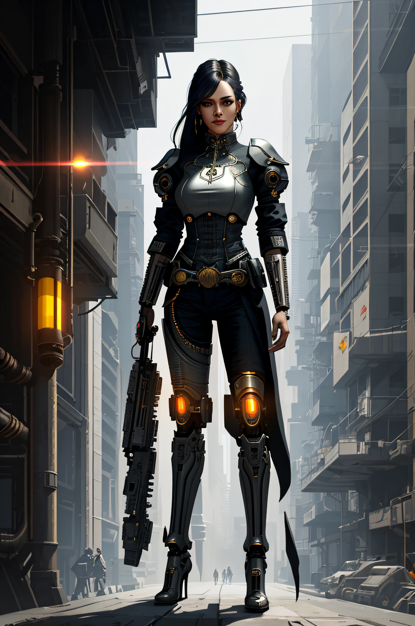 full body cyborg| full-length portrait| detailed face| symmetric| steampunk| cyberpunk| cyborg| intricate detailed| to scale| hyperrealistic| cinematic lighting| digital art| concept art| mdjrny-v4 style