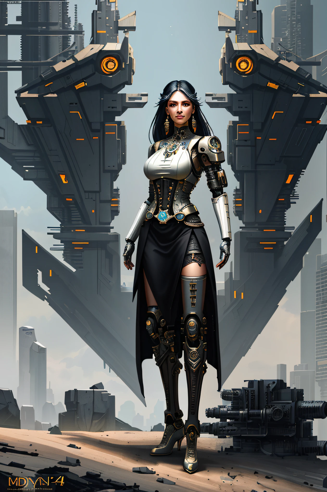 full body cyborg| full-length portrait| detailed face| symmetric| steampunk| cyberpunk| cyborg| intricate detailed| to scale| hyperrealistic| cinematic lighting| digital art| concept art| mdjrny-v4 style