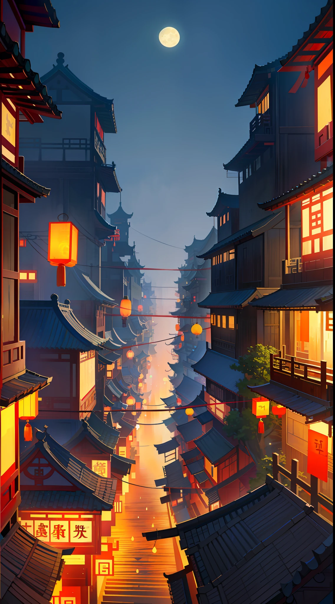 Night scene of dark sky and full moon street, Chinese town, Chinese street, fantastic Chinese town, Spirited Away style scene, anime style cityscape, night village background, Chinese city, Spirited away style town, digital painting, anime landscape concept art