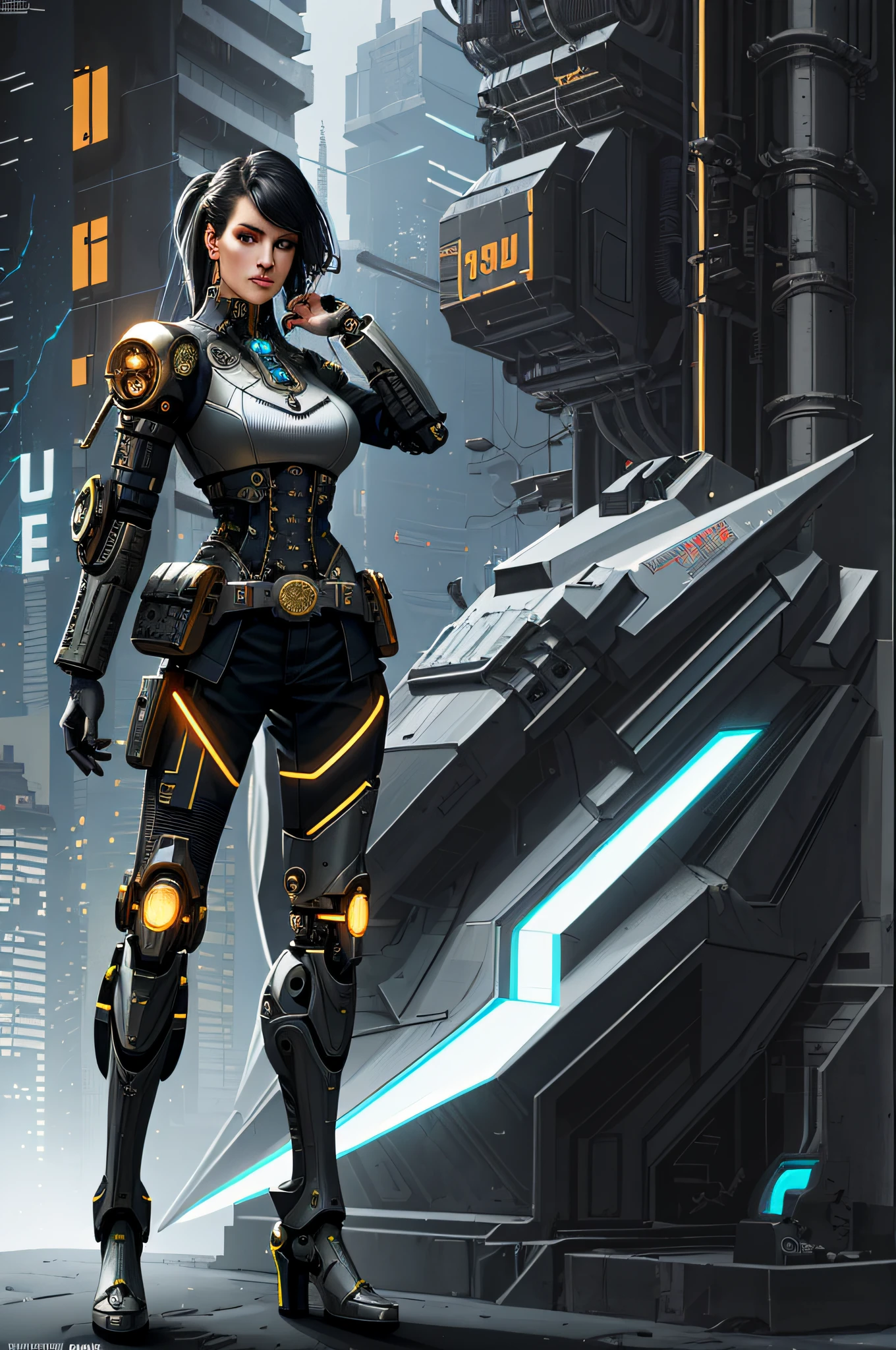 full body cyborg| full-length portrait| detailed face| symmetric| steampunk| cyberpunk| cyborg| intricate detailed| to scale| hyperrealistic| cinematic lighting| digital art| concept art| mdjrny-v4 style