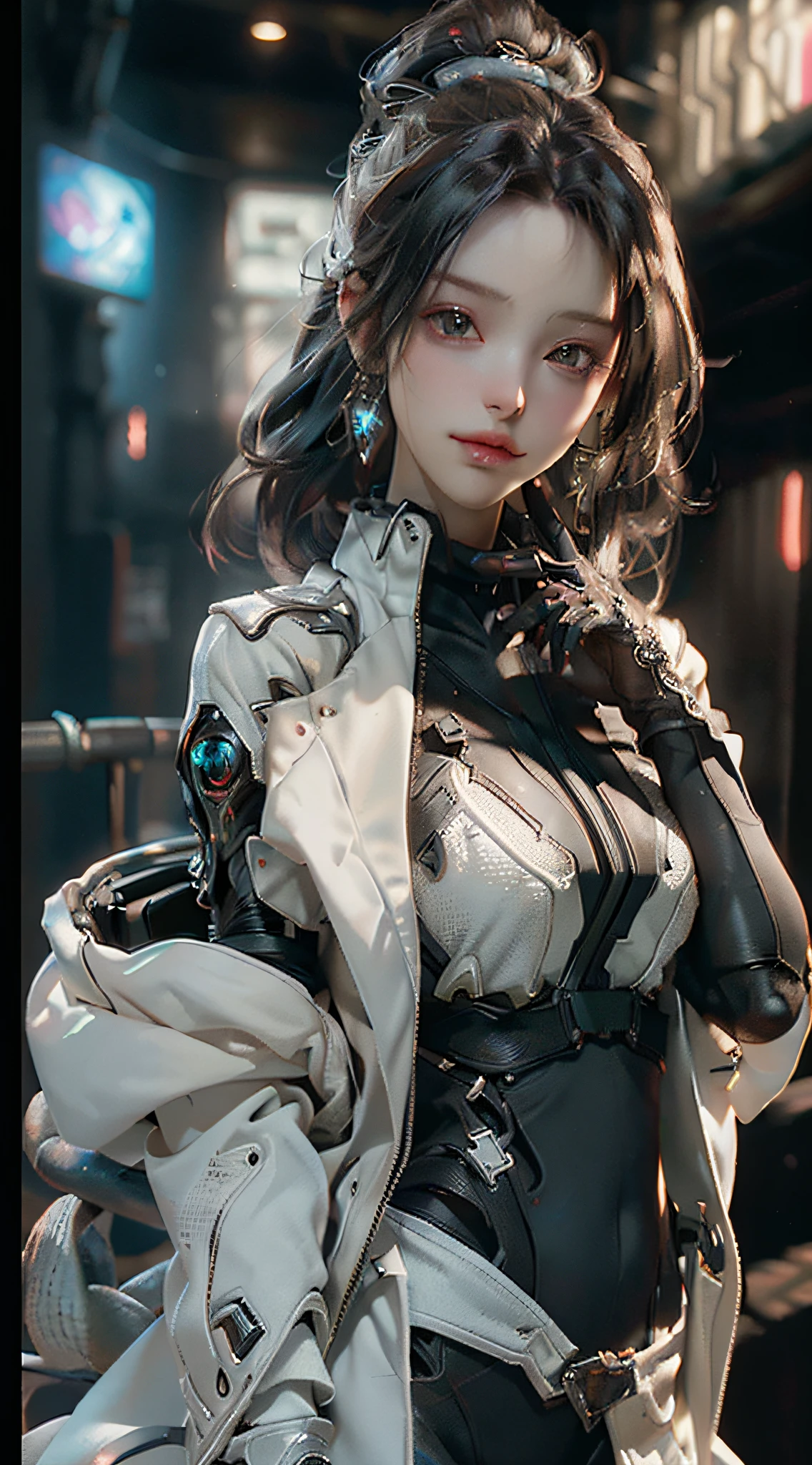 ((Best quality)), ((masterpiece)), (detailed:1.4), 3D, an image of a beautiful cyberpunk female,HDR (High Dynamic Range),Ray Tracing,NVIDIA RTX,Super-Resolution,Unreal 5,Subsurface scattering,PBR Texturing,Post-processing,Anisotropic Filtering,Depth-of-field,Maximum clarity and sharpness,Multi-layered textures,Albedo and Specular maps,Surface shading,Accurate simulation of light-material interaction,Perfect proportions,Octane Render,Two-tone lighting,Wide aperture,Low ISO,White balance,Rule of thirds,8K RAW,