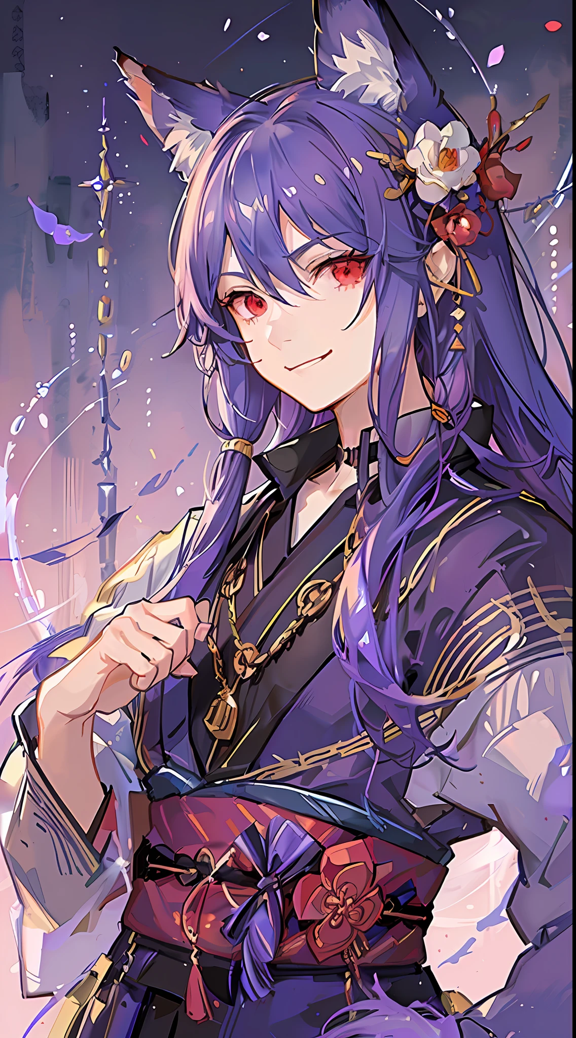 boy, long purple hair, fox ears, red eyes, kimono, fan, golden chains, smirk, masterpiece, high quality