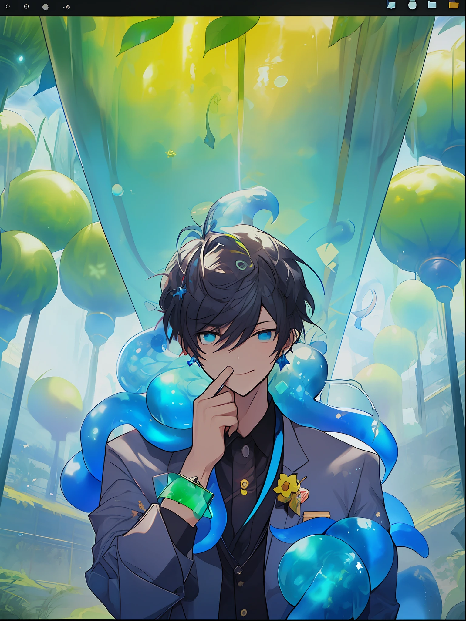 (Dark Blue Moon, Anime Style, Character, Chest Up, Portrait, Portrait, 2boy, Butler, (Boy Interacting with the Application), Black Hair, Eyelash, Jewel Eye Details, Highly Detailed Face Depiction, Dome World Background, Consciousness Trapped in a Blue Kowloon Star, (Emulator Mouse and Ultrasound Vision Connection, Digital Signage Umbrella - Hanging Umbrella), the presence of clones and androids, (running debugging, operating applications, viruses, error sounds), (conflicting emulators, range, Robert Robert, virtual reality, tech, competition, clones, android), pan closet, cyber, virtual reality, 2boy, 1 butler android, 1chatGPT, )))), Giant yellow fruit background, world tree background, funassi role, lanlan lu, chic, butler who can't stop licking his tongue, 77777, jackpot, dancing props, slime background wrapped in yellow translucent outlines, kowloon world tree background towering more than 200 meters and reaching the ceiling of the dome, worm virus, Scene of huge tree roots along the coastline, big slime scene, fruit surface tension, blue Kowloon star, slime fruit background, scattered flowers, fruit-bearing, metamorphosing, green vine-like tendrils, countless feathers sprouting from fruit skin, Kowloon world tree with huge yellow fruit, moving like octopus tentacles, proliferation of roots of huge trees disguised as marine life, large slime fruits, Maintaining a certain size due to surface tension, witnessing the World Tree during a shootout and metamorphosis of flesh-like creatures that bear fruit