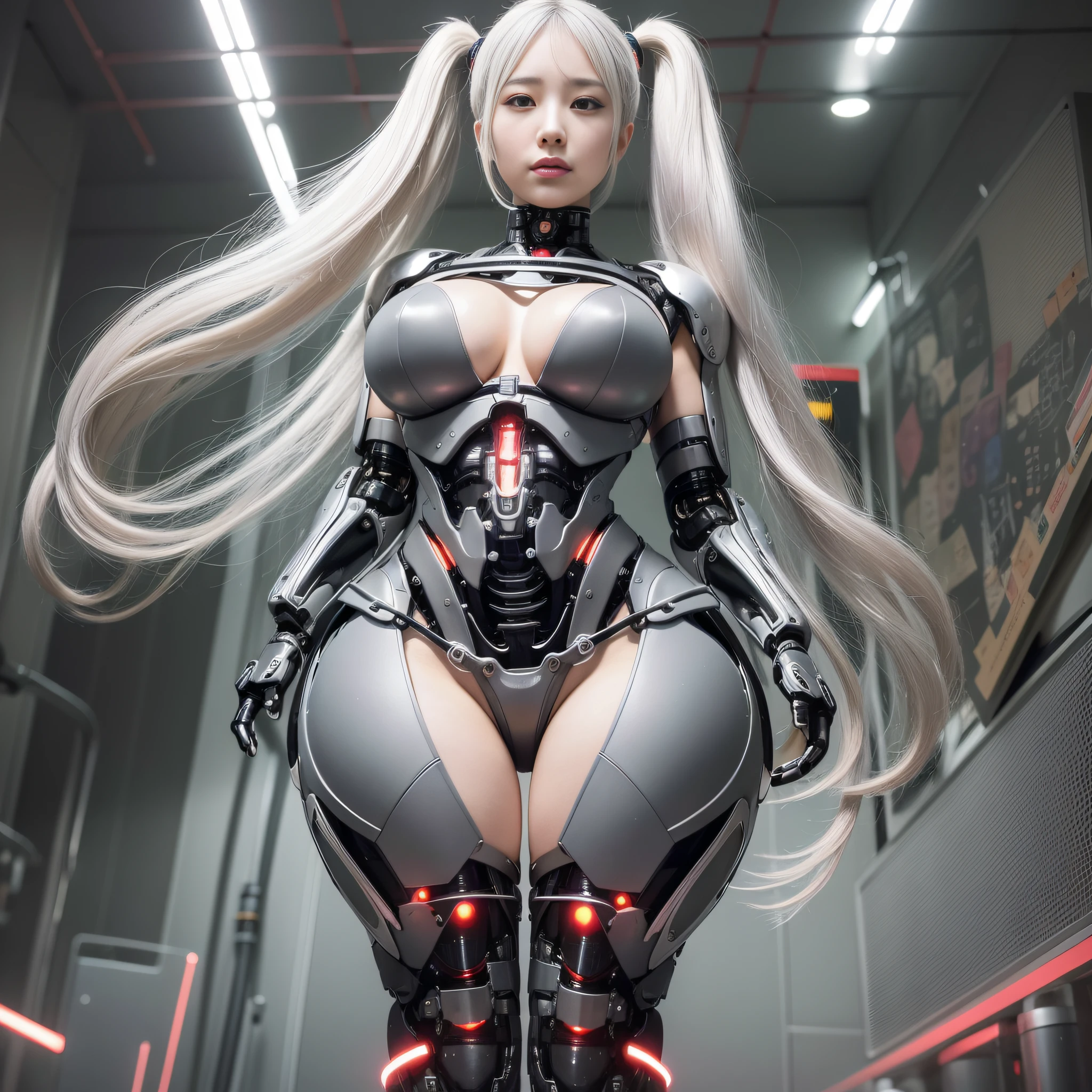 Beautiful Face,face is Japan, 1 Woman, Big, Curvaceous, (16k, RAW photo, top quality, masterpiece: 1.2), (HDR, Realistic, Photorealistic: 1.37) (tube attached to the body), (Bikini Cyborg robot parts)))), (light gray hair), Long hair, Wavy hair, Twin tails, Medium shot, ( Seductive smile)), (black eyes), princess cut,from below,(whole body),posing,,in the lab,( tube connected to blood vessel),((mechanical vertebrae attached to the back)),((mechanical neck attached to the neck)),(wire cable attached to the head and body),(character focus),science fiction,perfect female figure,perfect anatomy,ultraanatomy, Full body shot, up to 4 fingers and 1 thumb relationship,