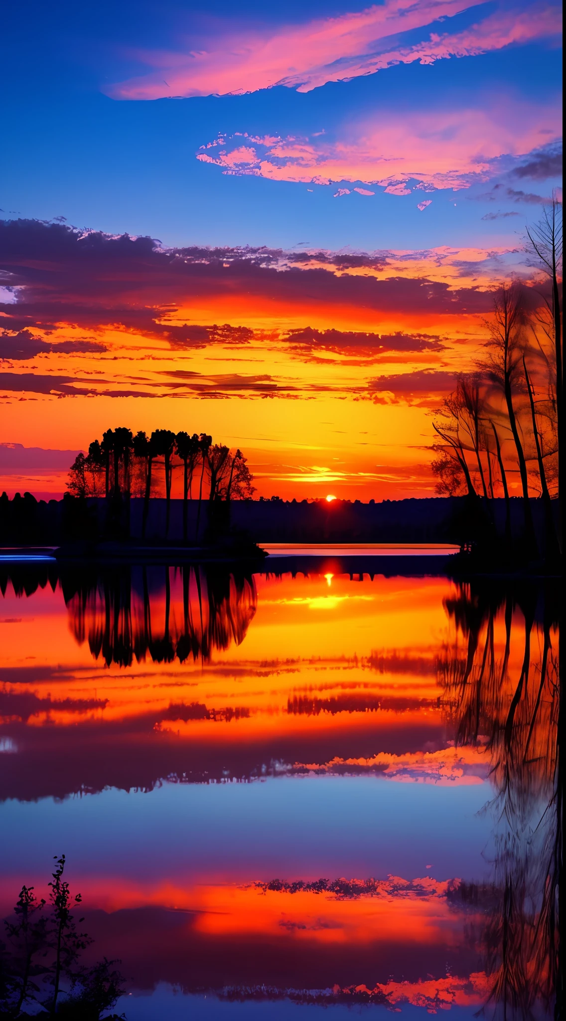 there is a beautiful sunset with a lake and trees in the background, colorful skies, surreal colors, colorful sunset, colorful sky, marvellous reflection of the sky, stunning sky, dream like atmosphere 8k, colorful clouds, colors reflecting on lake, surreal sky, red and blue reflections, fire reflection, beautiful sky, beautiful and spectacular dusk, beautiful dreamy landscape, amazing sky