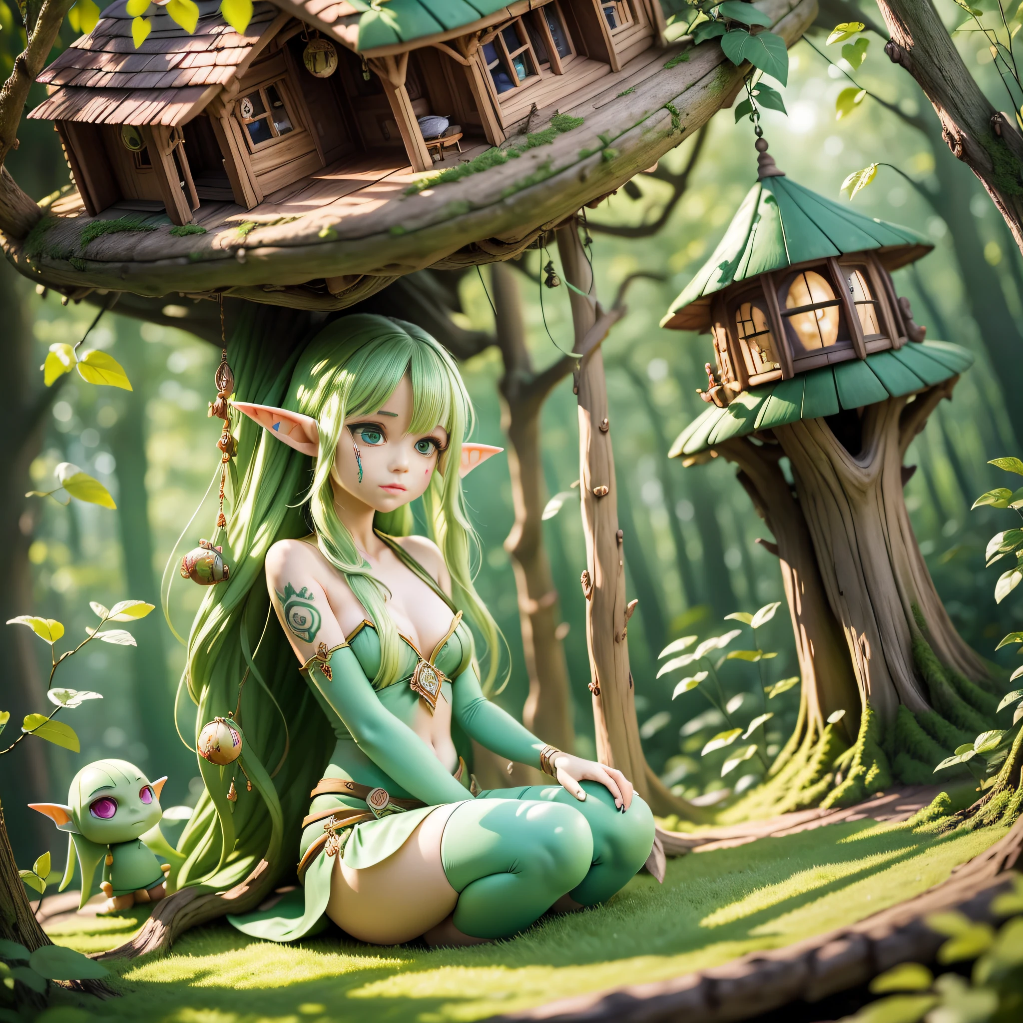 ((Best Quality)), ((Masterpiece)), (Reality) , earth_spirit, melting_heart, bigbadejo alien_monster, backlight, sunlight, ((female elf living in a treehouse)), dress, elf treehouse, full body, slim, charming, vine, vineman, totem, tattoo, wound, bleeding, depth of field, blurred foreground, masterpiece, 8k, --v6