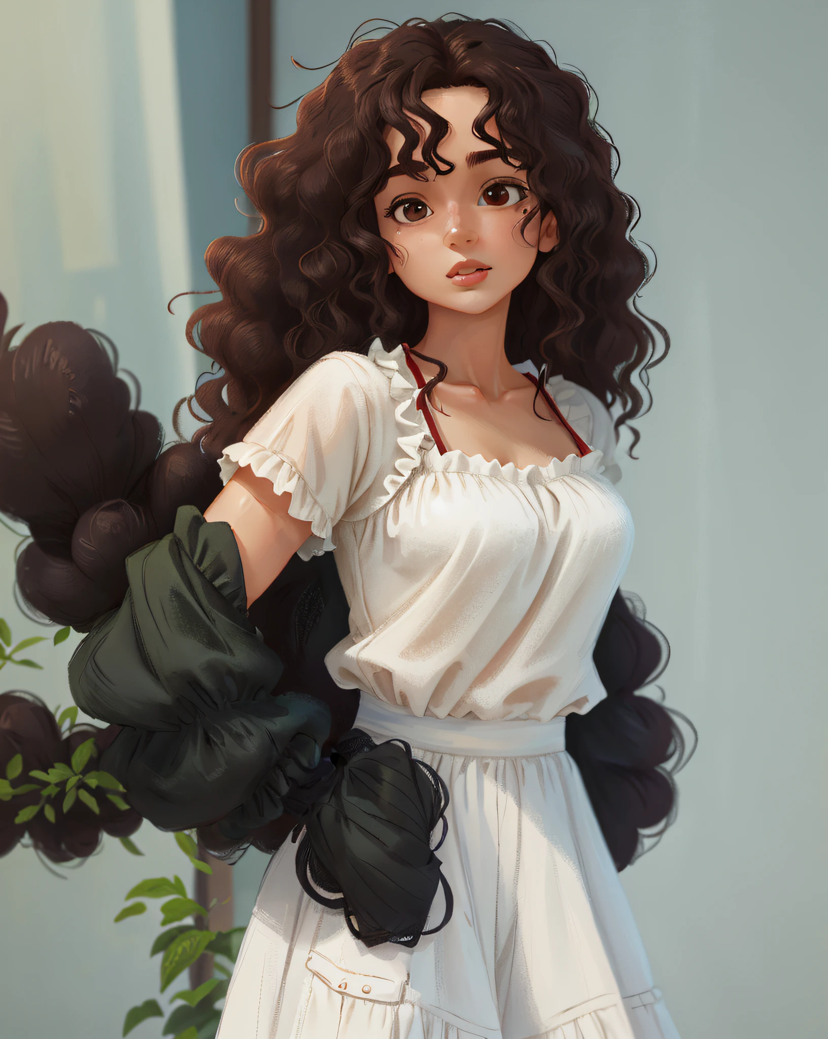 Two-dimensional, HD, (best detail) (best quality), bust photo of a curly-haired woman