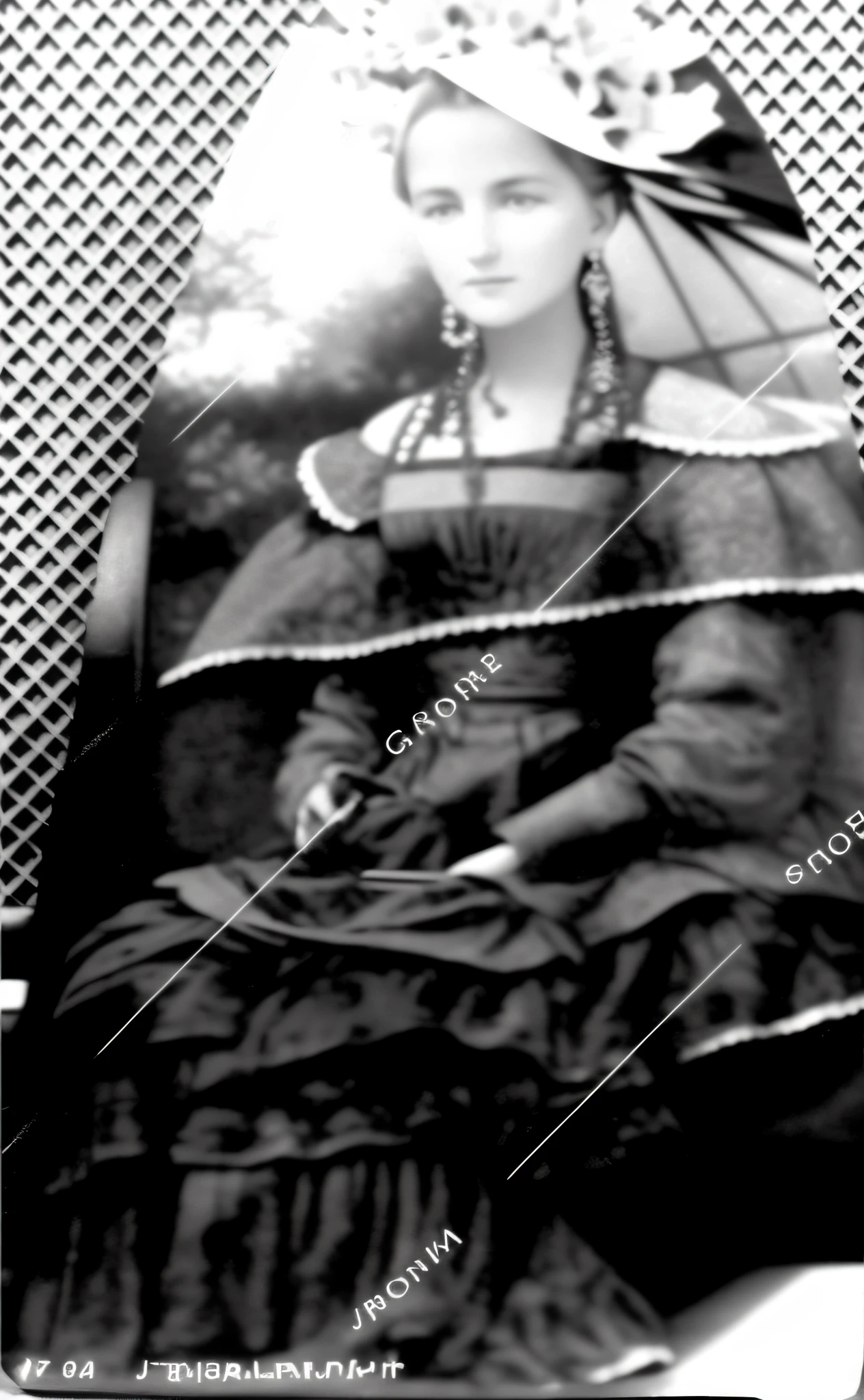 colorize black and white photo of a woman in long dress with fan in hand, sitting in chair, restore image, reconstitute and restore grainy damaged photo, rare classified photo, heavy jpeg artifact, blurred heavy jpeg artifact, high resolution scan, covert figure, partially obscured face, real photo, detailed scanning, reconstitution of old photo, colorize and balance light, contrast, gamma, remove watermark and put background of flowers and wild vegetation with blue sky and afternoon sun, cinematic, 8 k , realistic, ultra quality